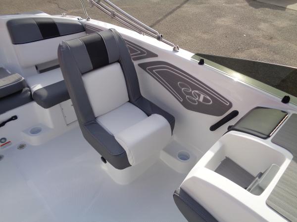 2024 Tahoe T21 boat interior with gray and white seating.
