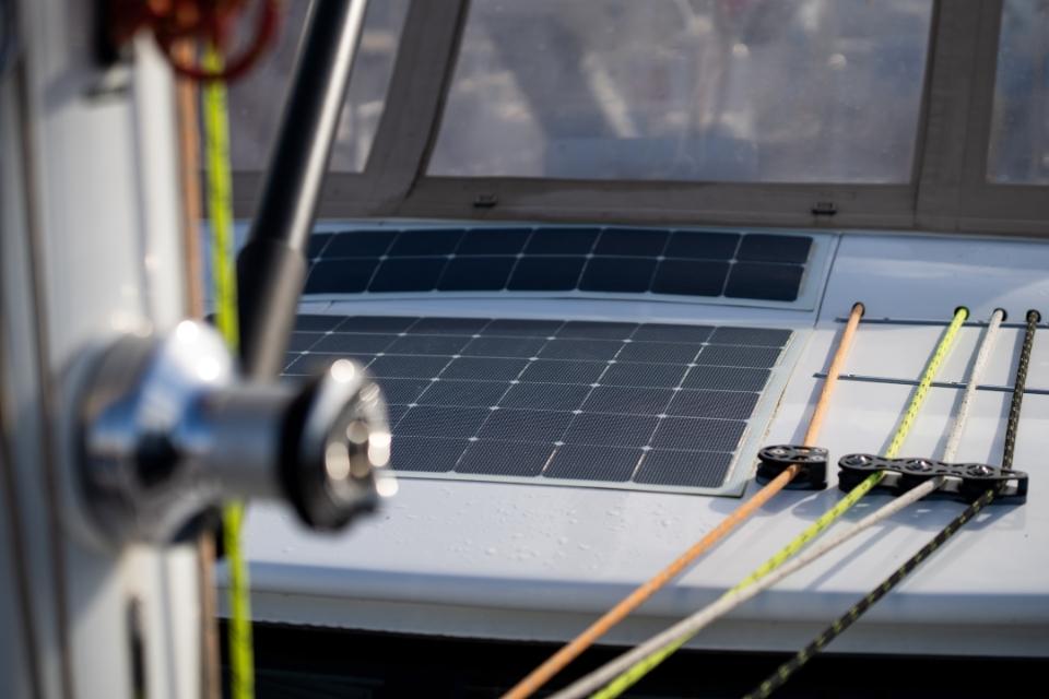 Solar panels and rigging on a 2014 Discovery 57 yacht deck.