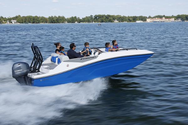 2025 Starcraft SV 16 OB boat cruising on a lake with passengers enjoying the ride.