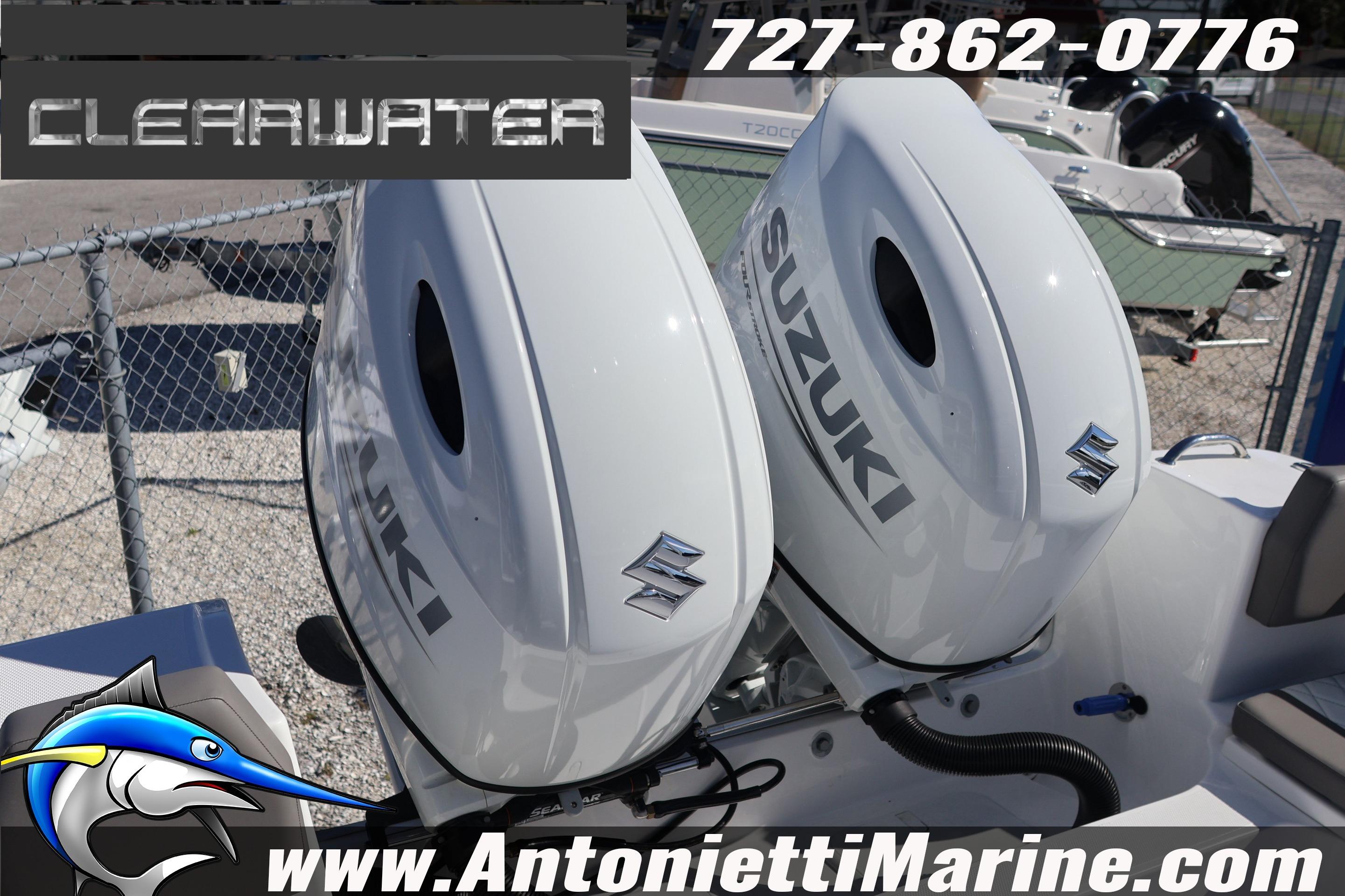 Twin Suzuki outboard motors on a Clearwater 2300 boat, 2026 model, at Antonietti Marine.