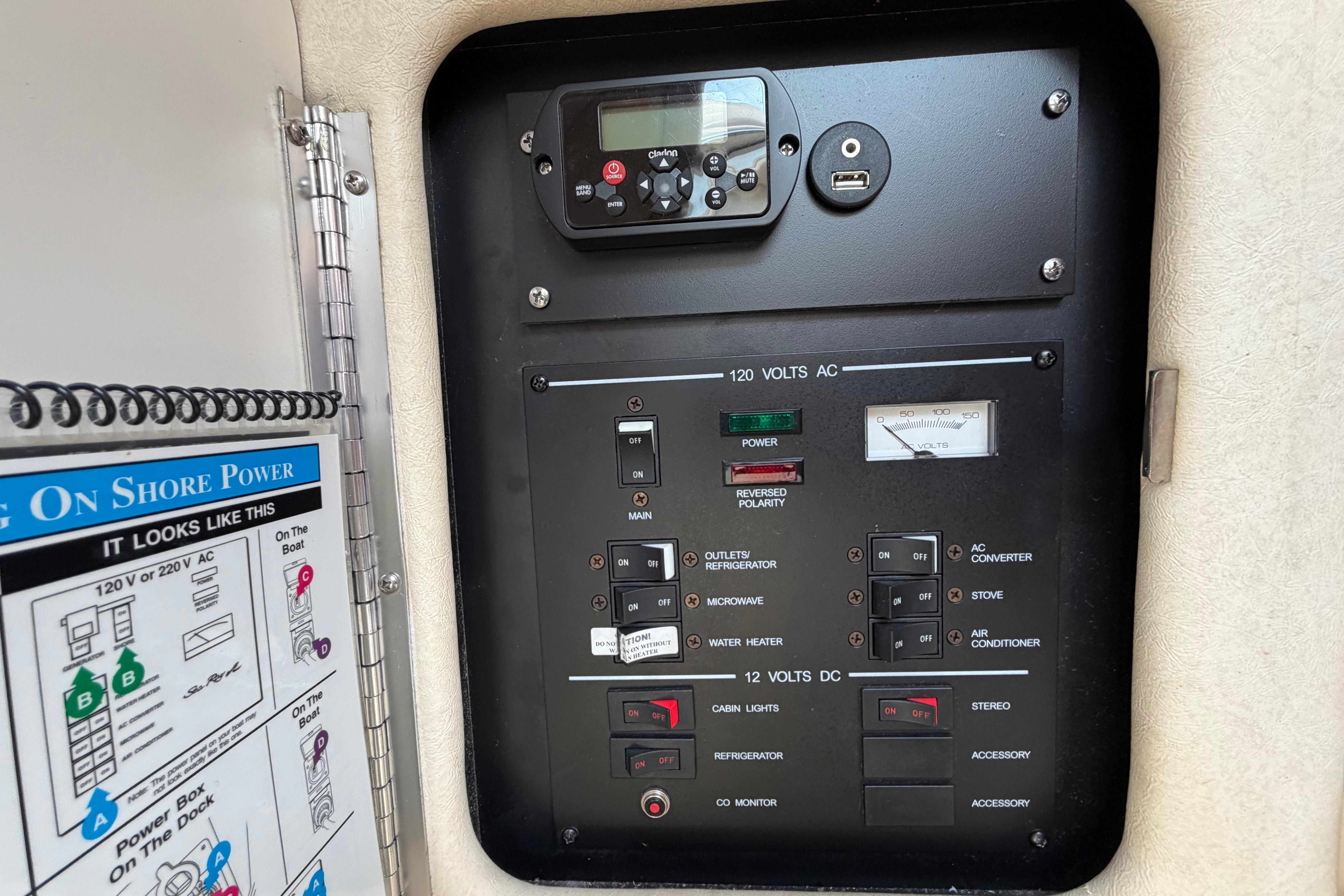Electrical control panel on a 2004 Sea Ray Sundancer 260 boat, featuring various switches and indicators.