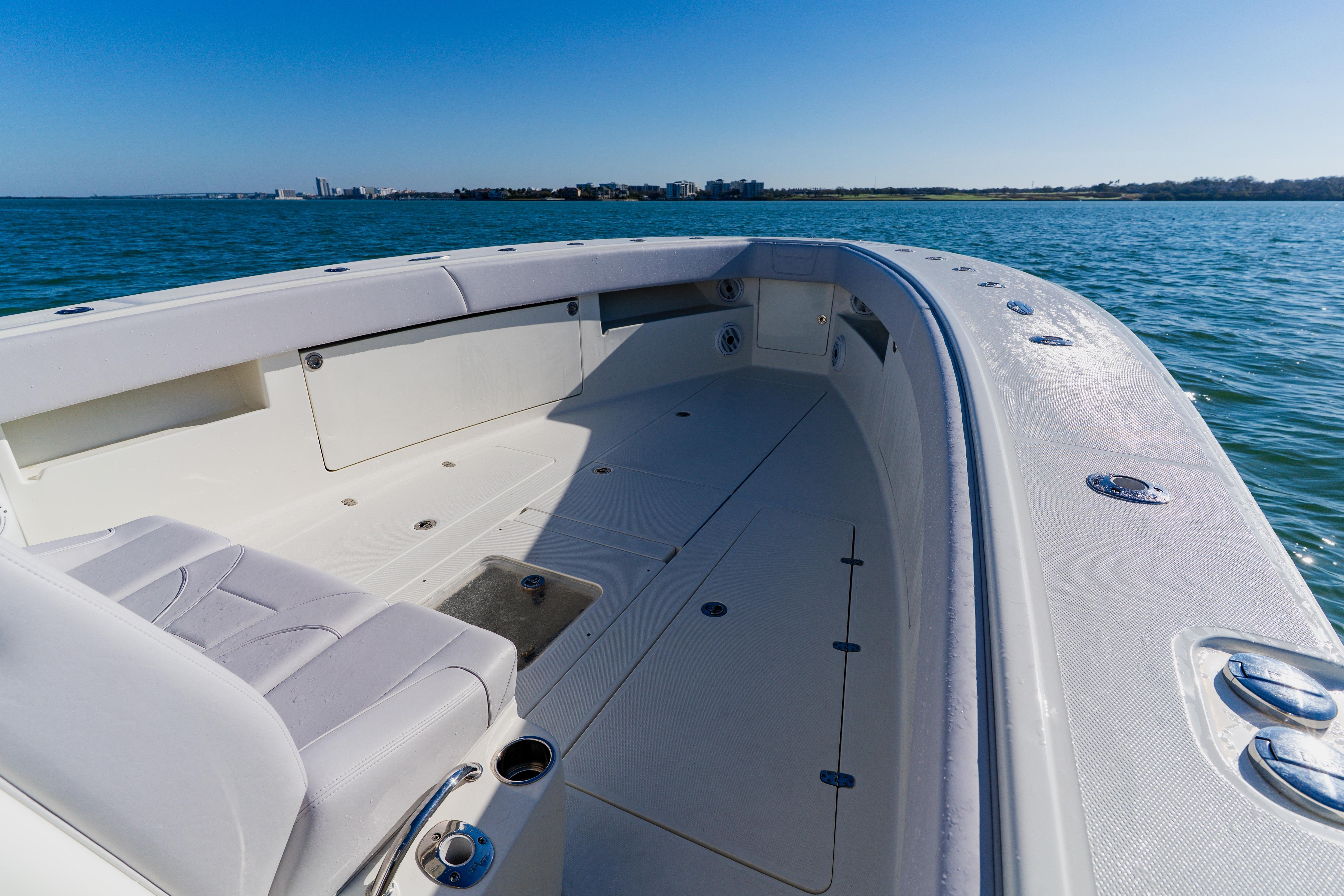 2012 SeaVee 390B boat interior with spacious seating and ocean view.