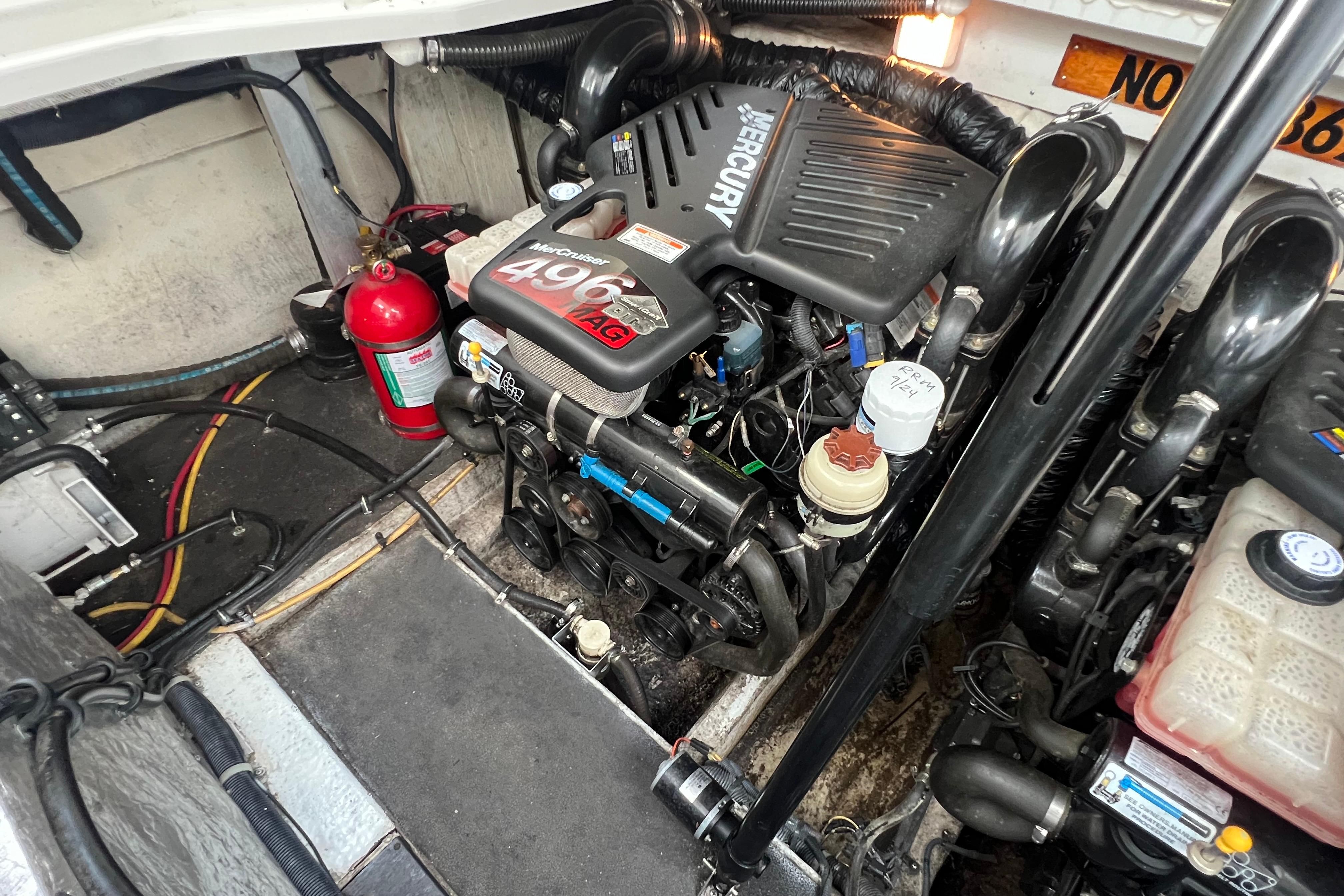 Engine compartment of a 2008 Crownline 340 CR with MerCruiser 496 MAG engine.