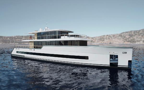 Modern luxury yacht PROJECT ABACOS 2025 cruising on serene waters with scenic coastal backdrop.