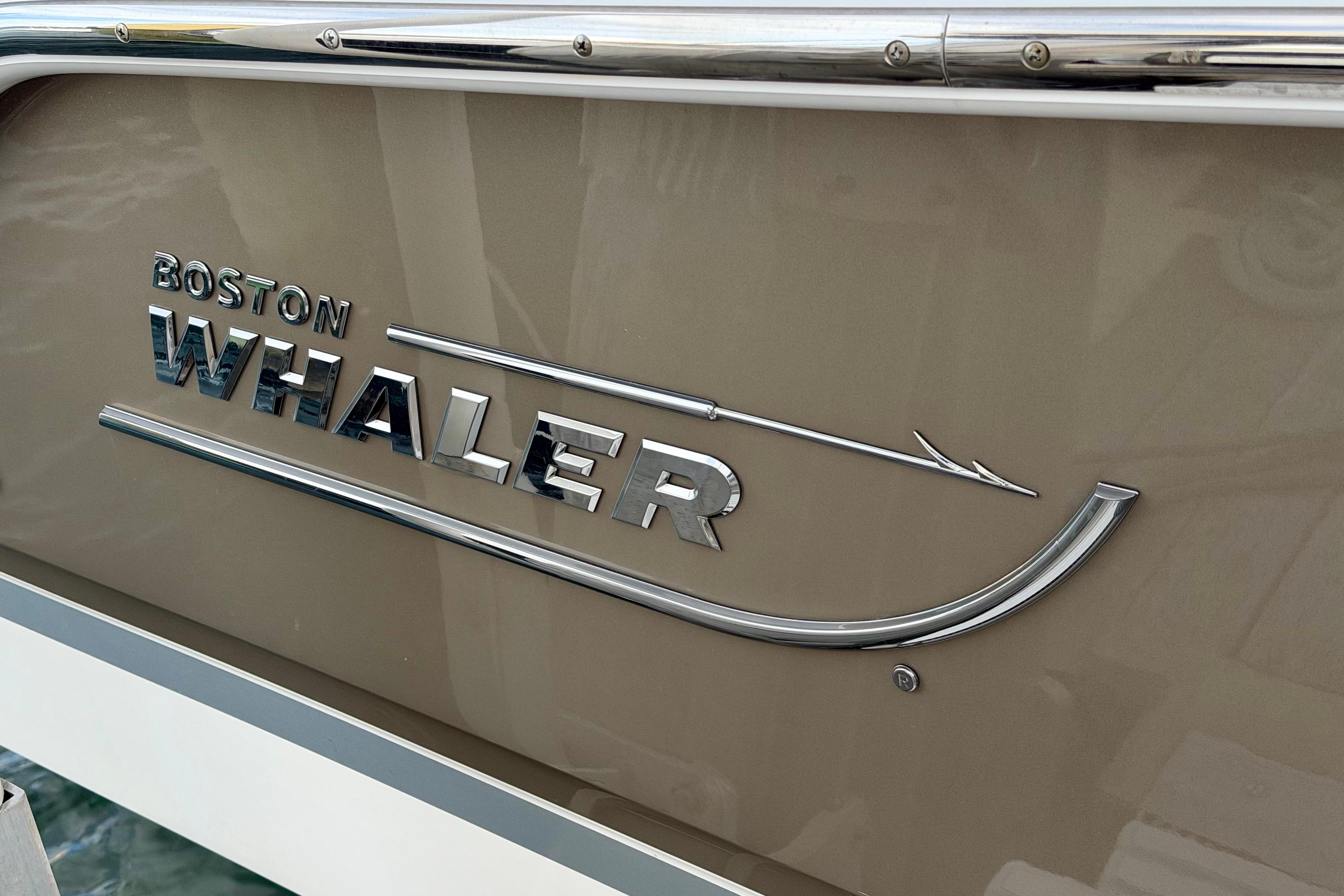 Boston Whaler 280 Vantage 2022 logo on boat exterior.