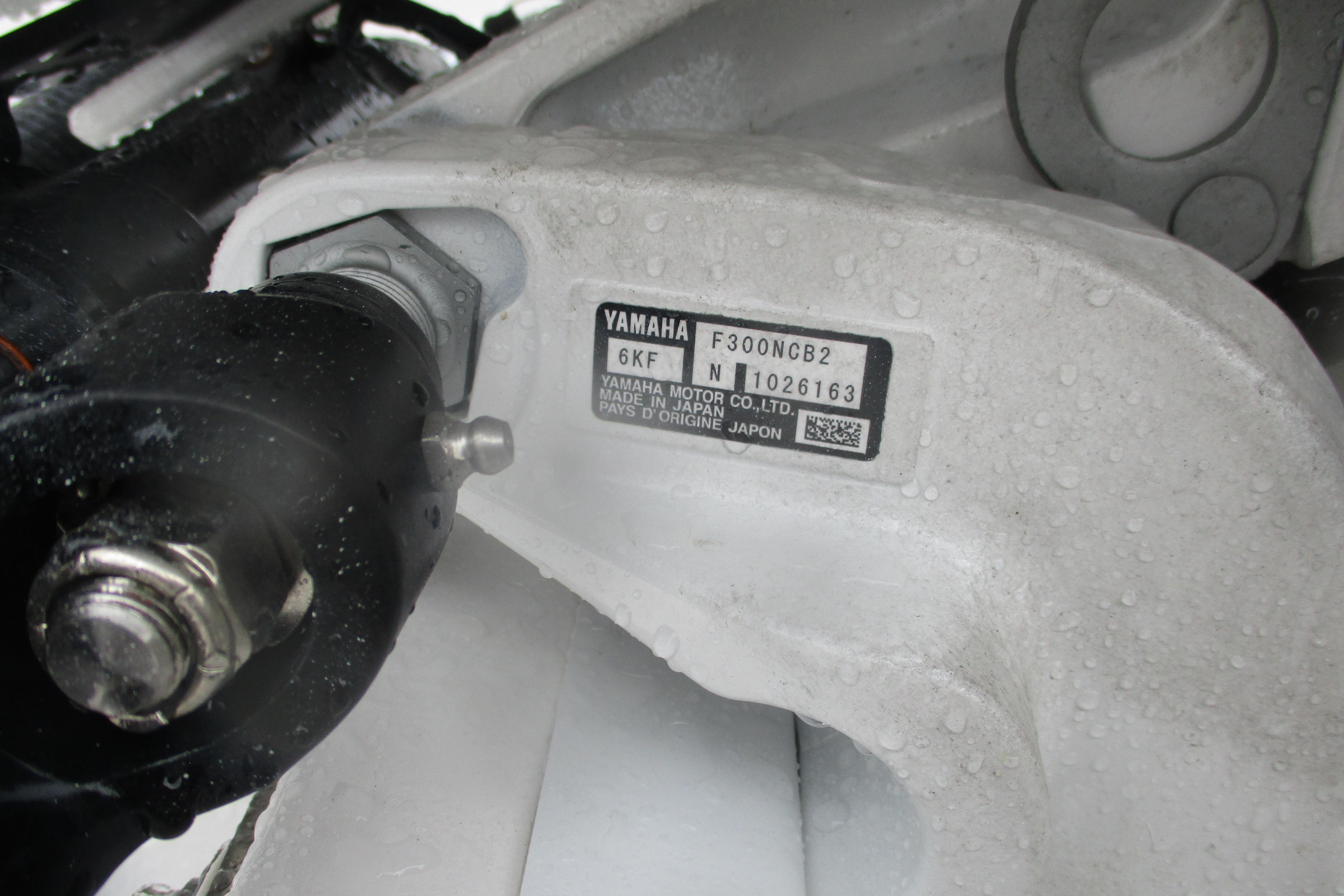 Yamaha engine label on a 2026 Sea Fox 248 Commander boat, wet surface.