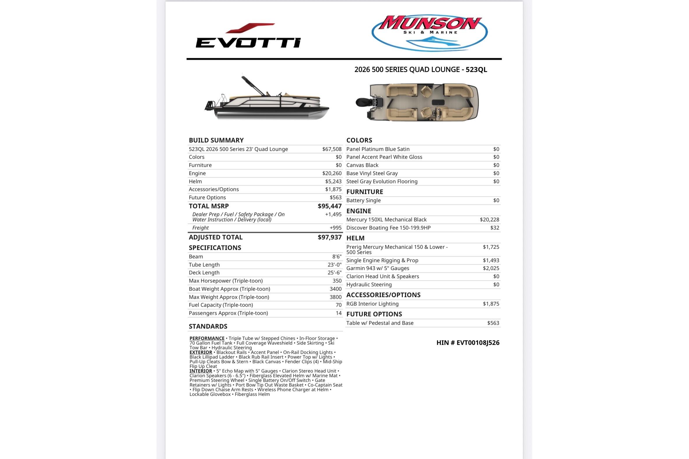 2026 Evotti 523QL boat specifications and pricing details, featuring Mercury engine and RGB lighting.