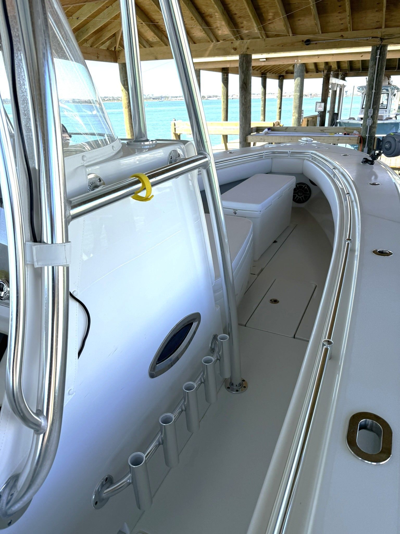 Interior view of a 2025 Contender 32 ST boat at dock.