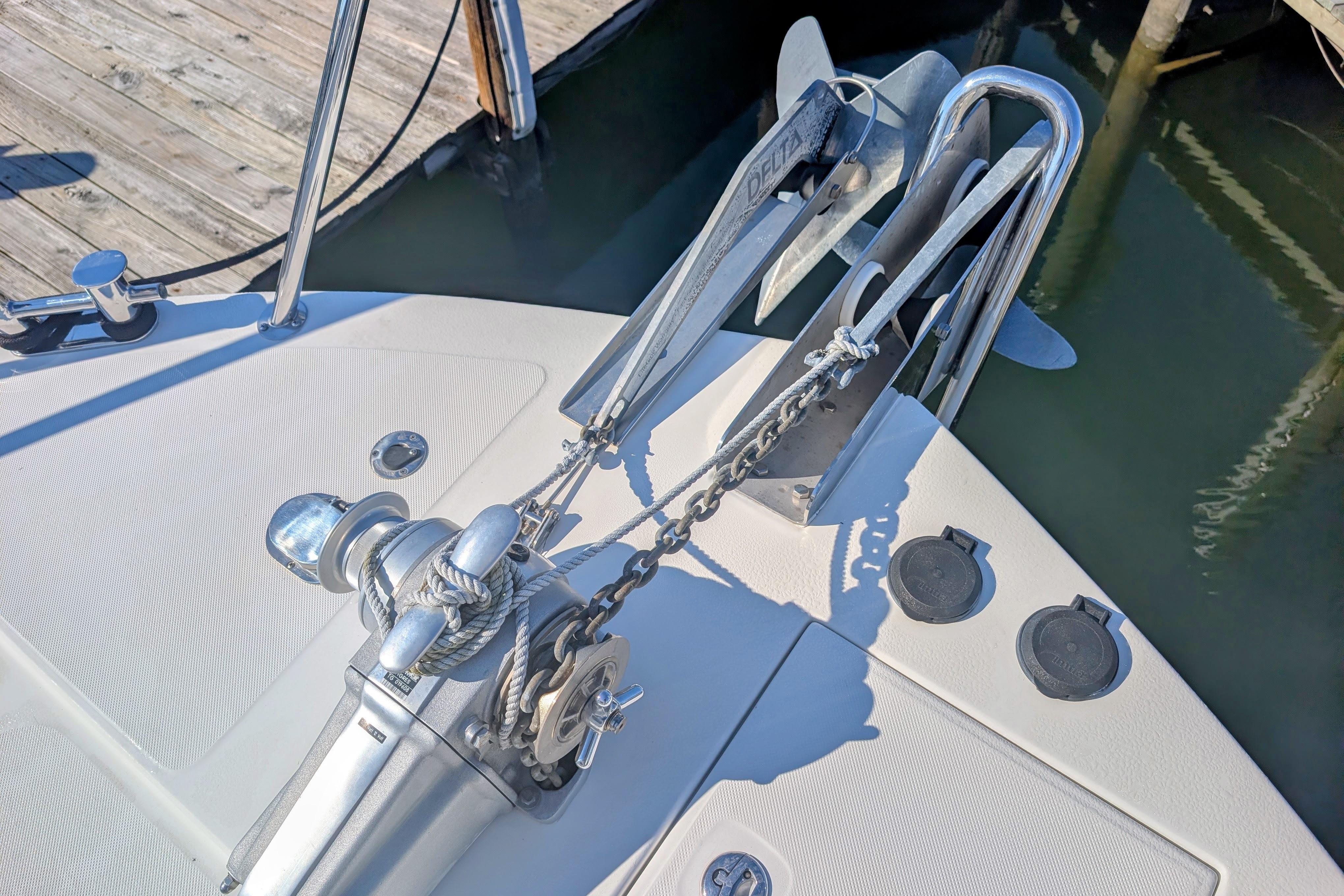 Bow of 2015 American Tug 435 with anchor and winch system.