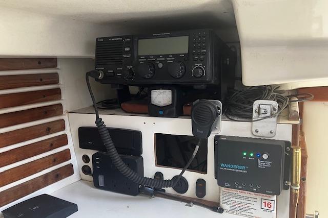 Interior of a 1979 Pearson 365 Ketch with radio and navigation equipment.