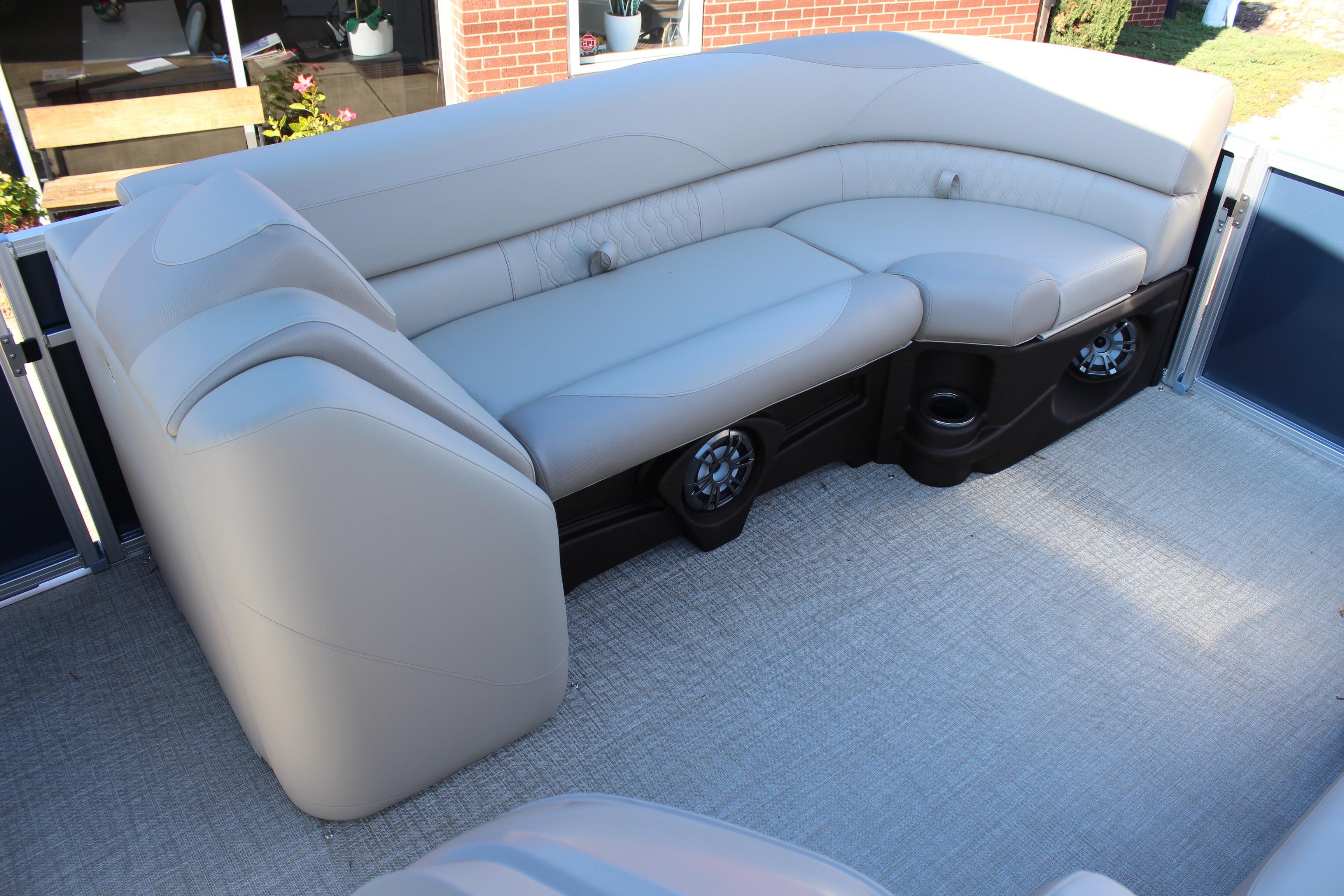 2026 Tahoe Pontoon LTZ Elite interior with plush seating and integrated speakers.