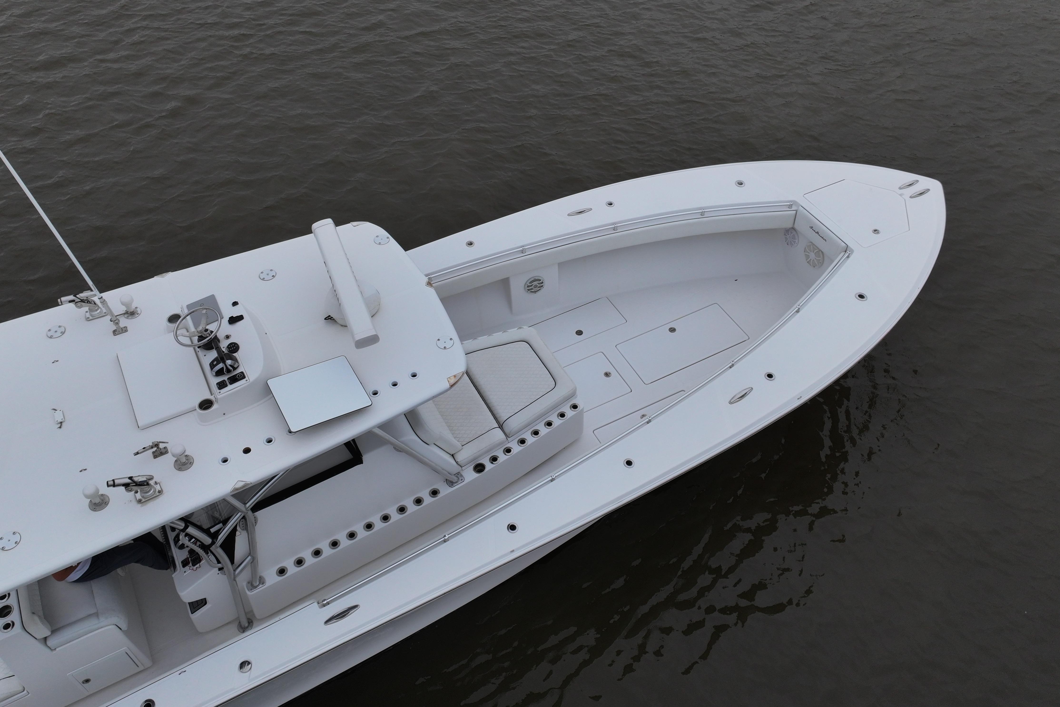 2015 SeaHunter 45 Tournament boat on calm water, aerial view.