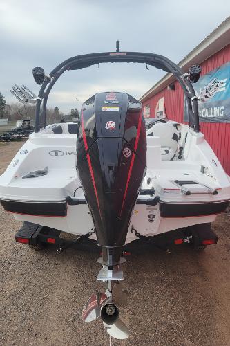 2024 Tahoe 1950 boat with outboard motor, rear view.