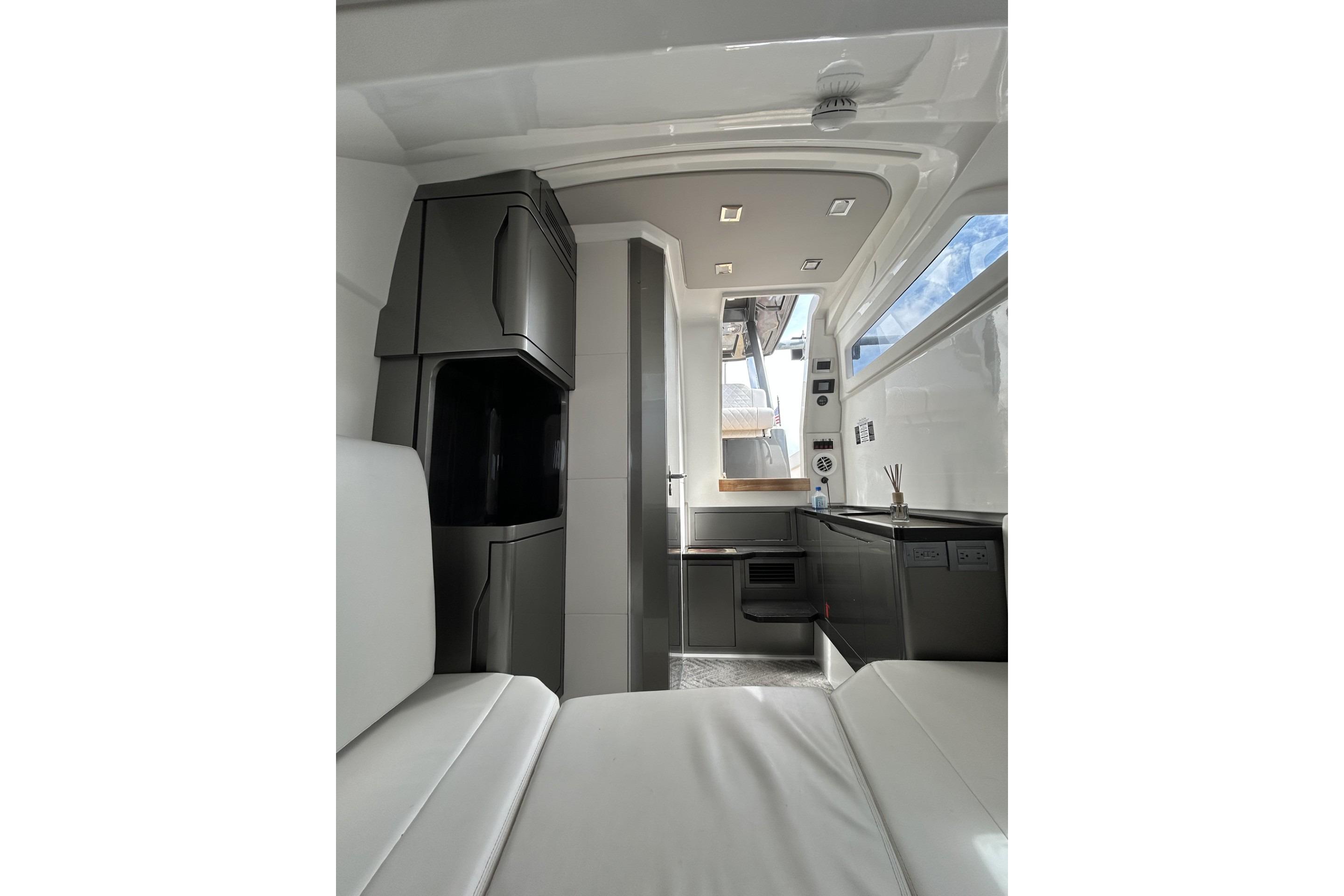 Interior of 2023 Schaefer V33 yacht, featuring modern design and sleek furnishings.
