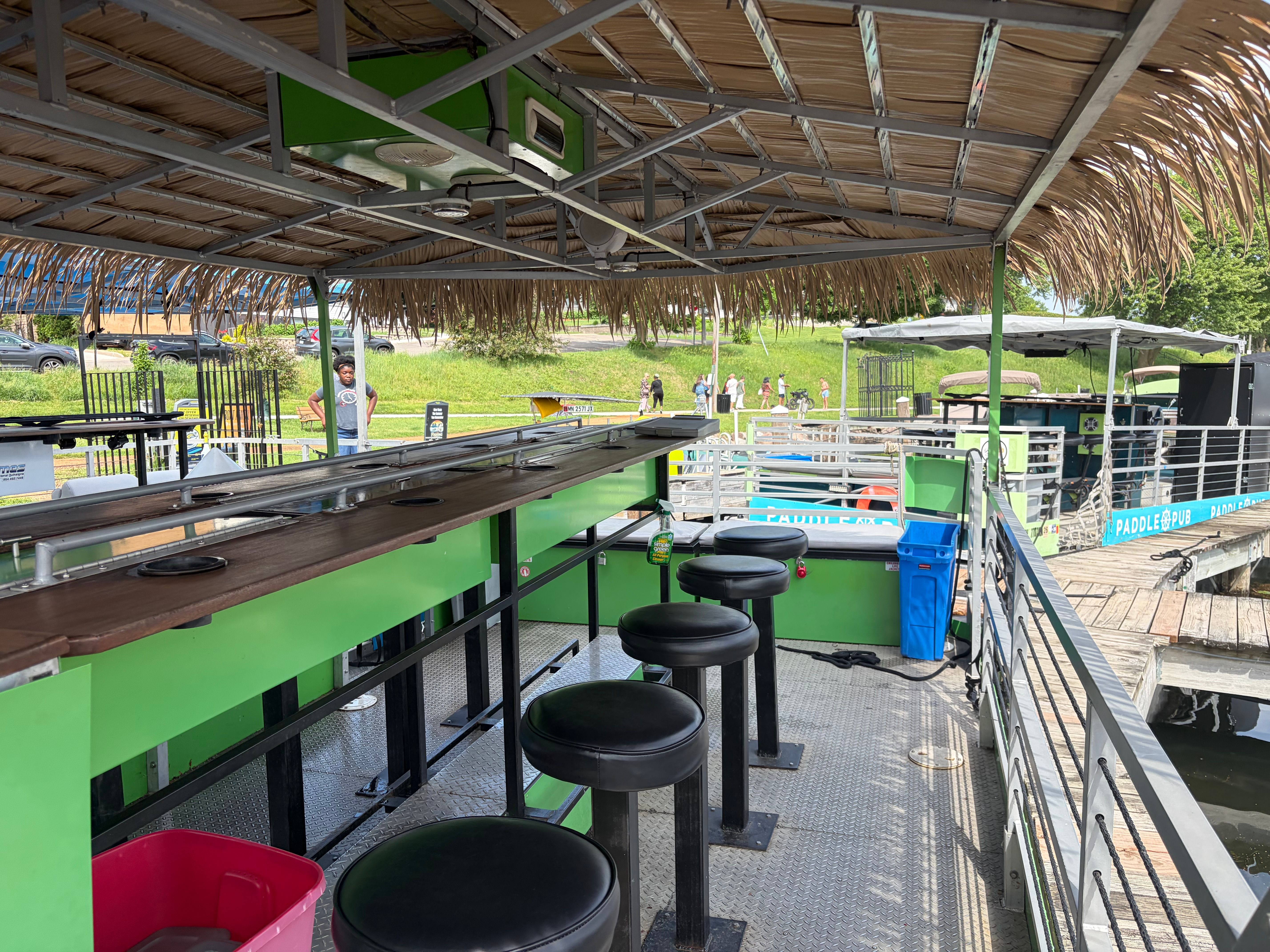 Interior of a 2018 Cascade Cycleboat with bar and stools.