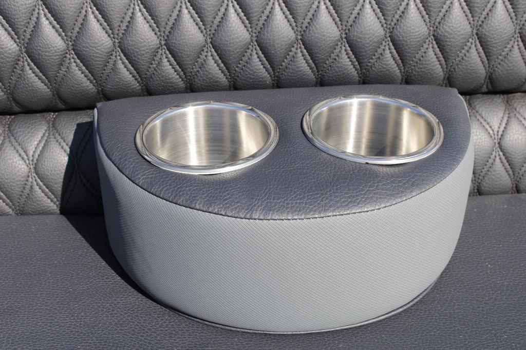 Avalon Catalina Cruise 2026 boat seat with dual cup holders, diamond-stitched leather upholstery.