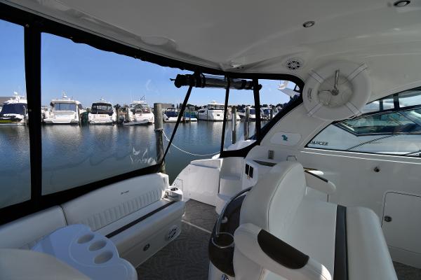 2010 Cruisers Yachts 390 Sports Coupe interior with marina view.