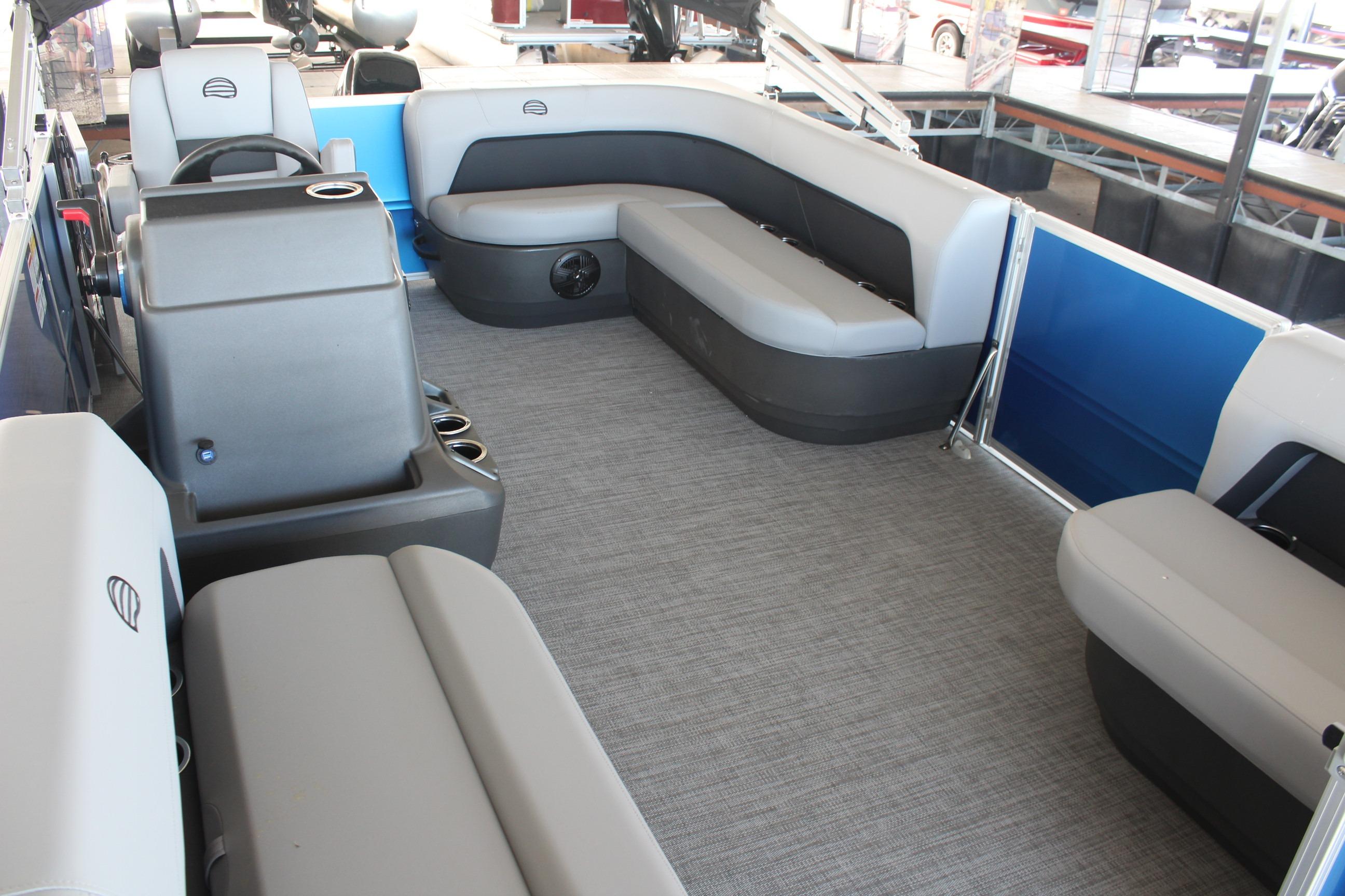 2026 Sun Tracker Party Barge 16 DLX interior with spacious seating and modern design.