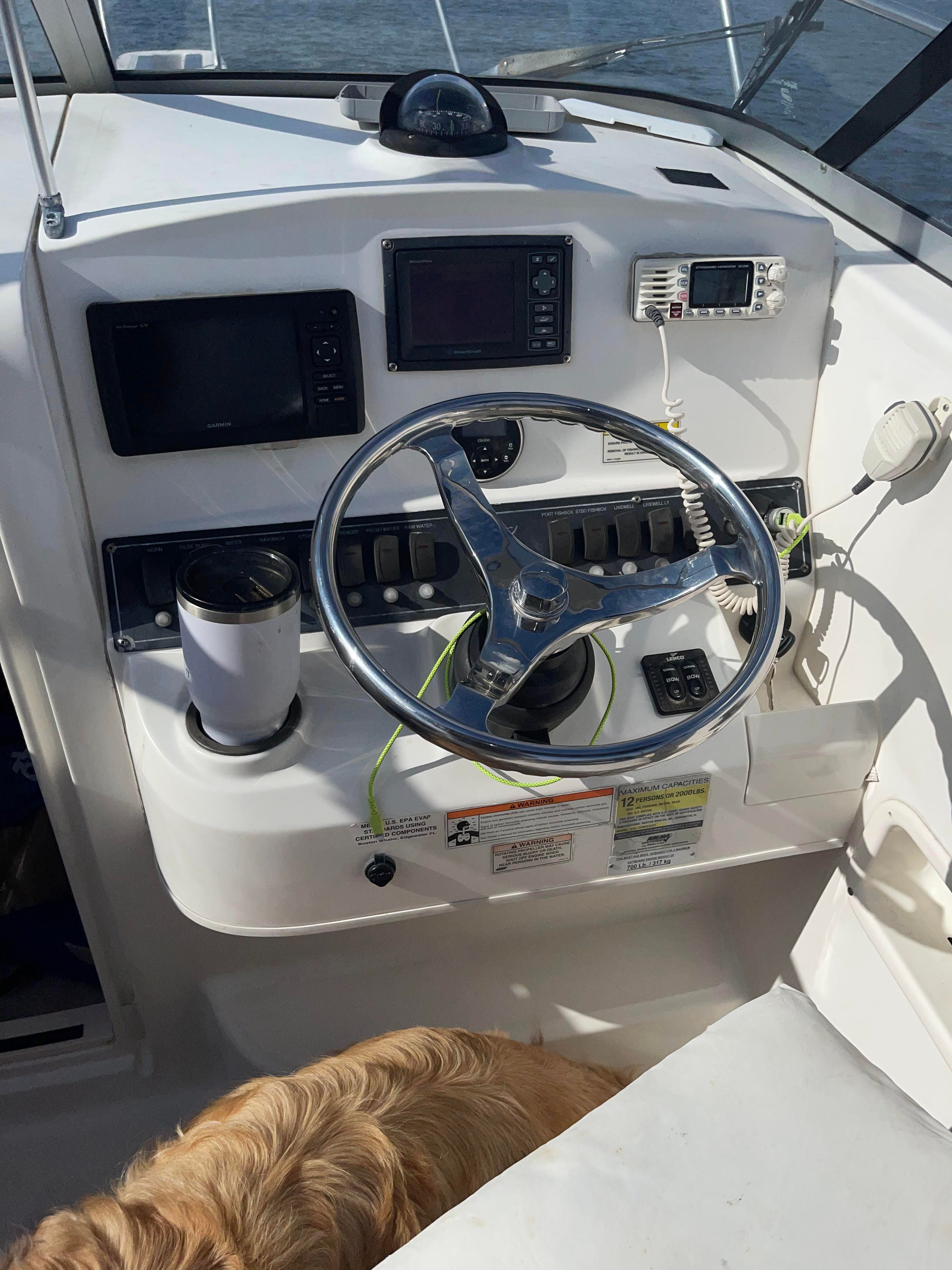 Helm of a 2010 Boston Whaler 235 Conquest boat.