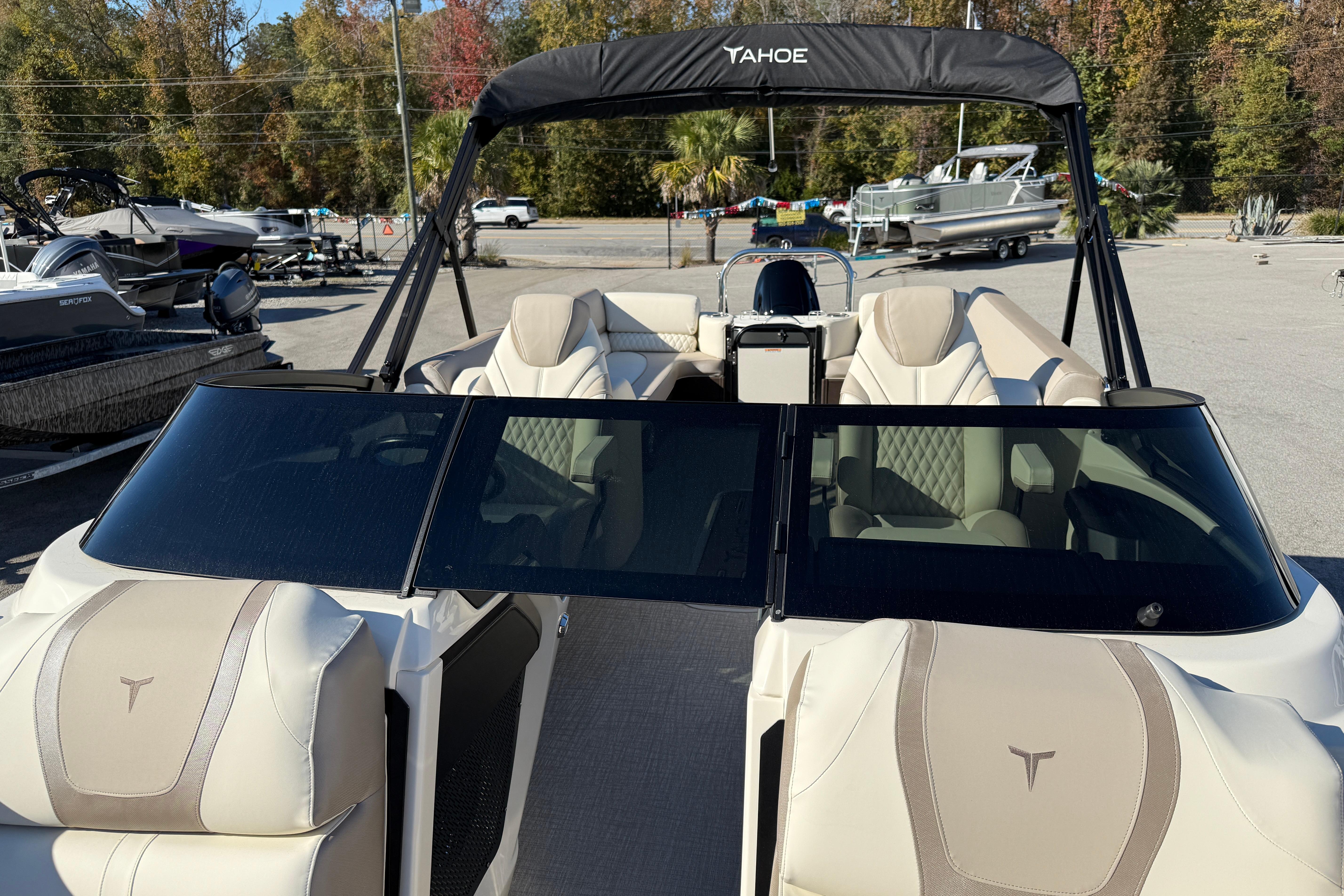 2026 Tahoe Pontoon Cascade Quad Lounger Windshield with luxurious seating and sleek design.