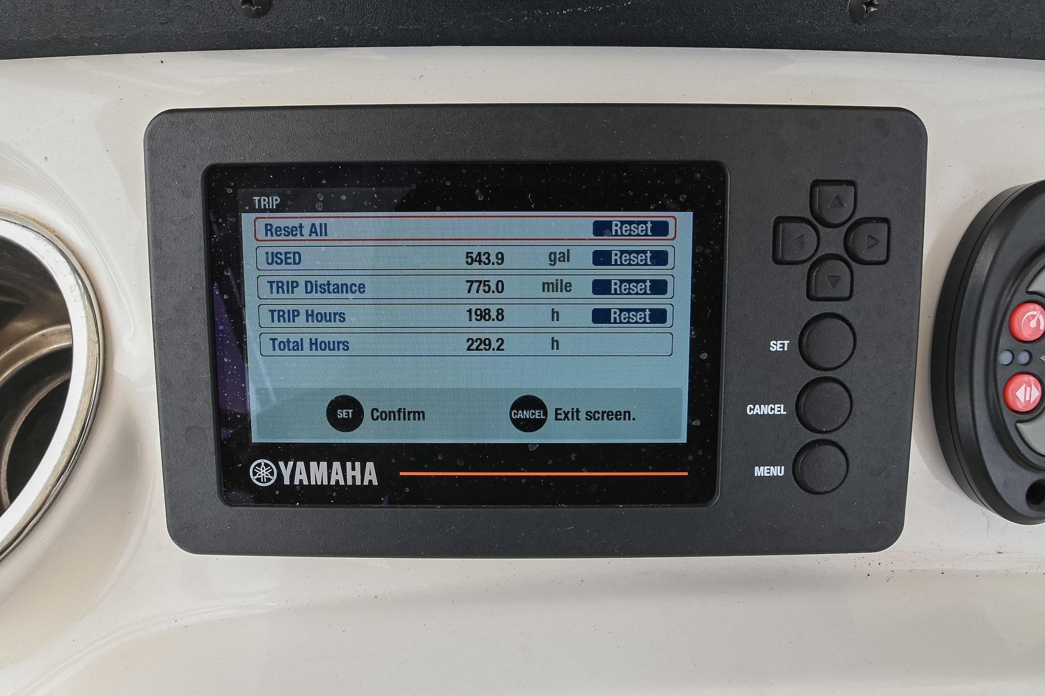 Yamaha display on 2021 Pathfinder 2200 TRS showing trip data and fuel usage.