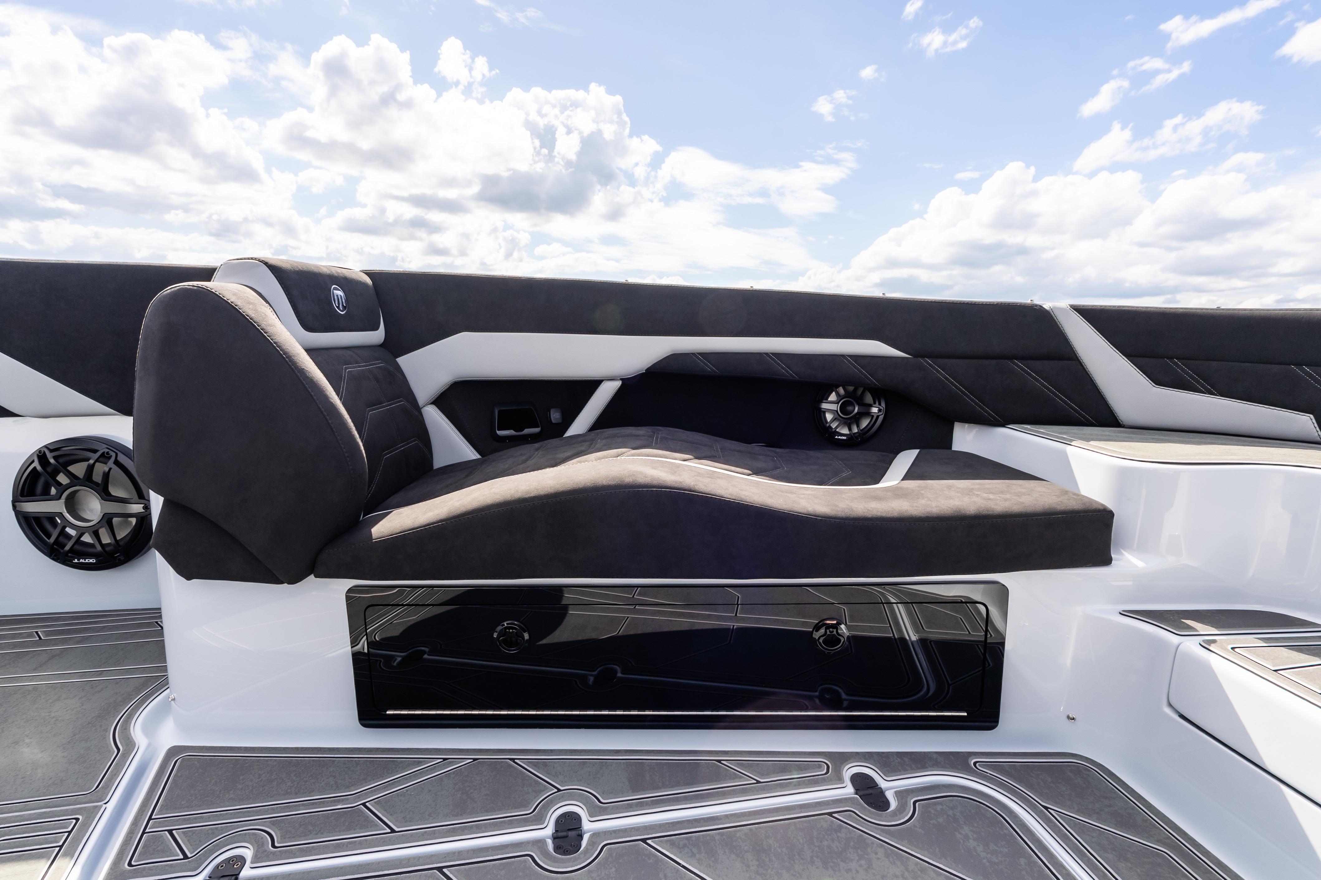 Luxurious seating on the 2027 Mystic Powerboats M4200, featuring sleek design and premium materials.