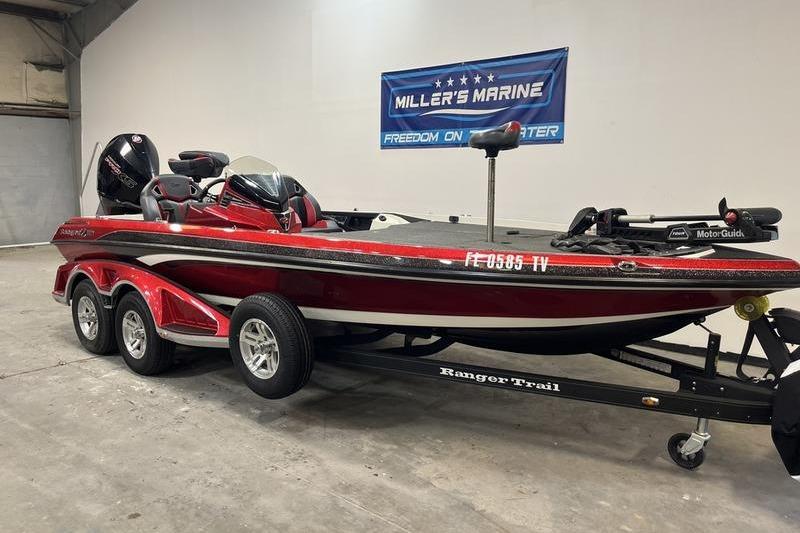 2022 Ranger Z520R bass boat on trailer at Miller's Marine showroom.