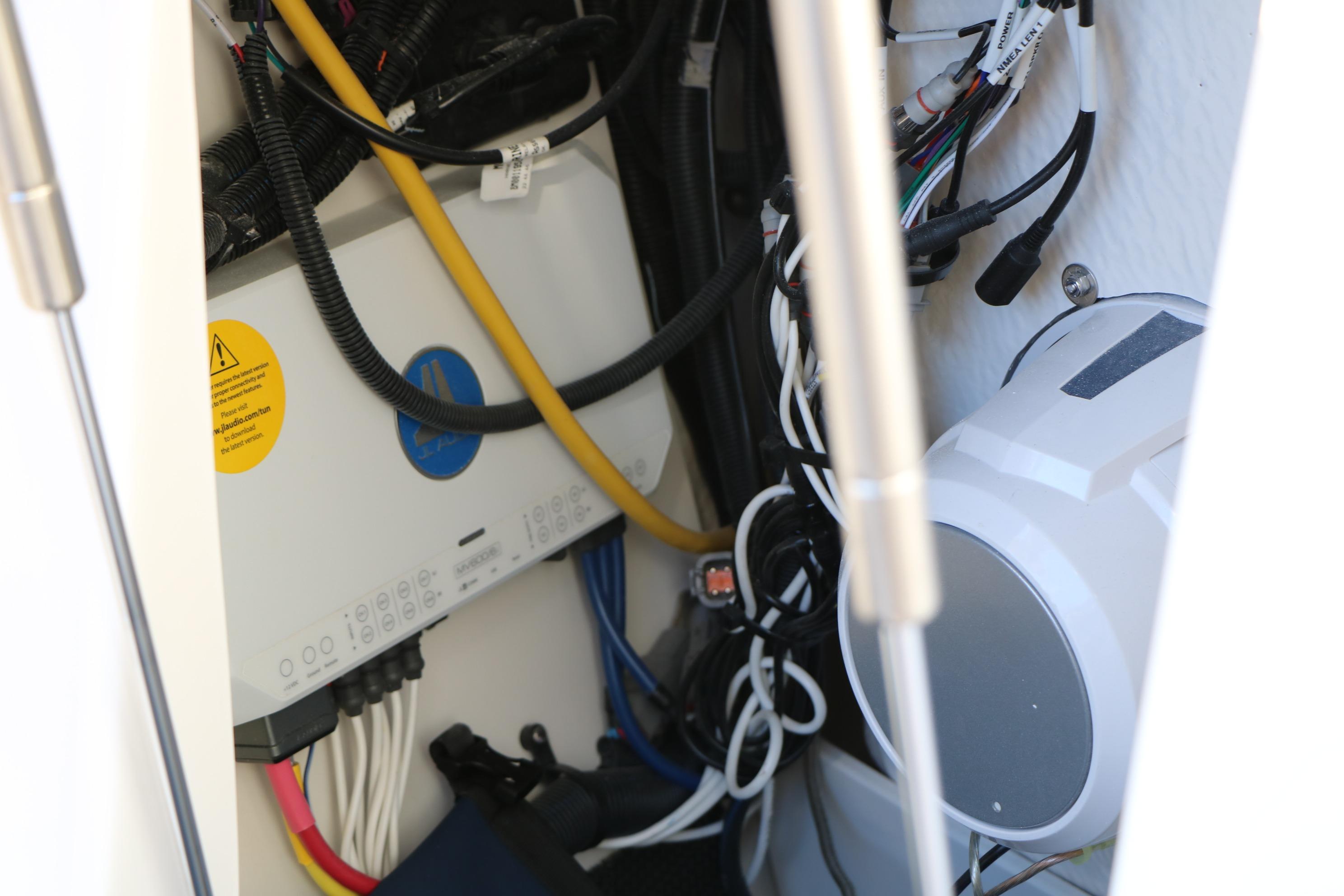 Electrical wiring and components inside a 2026 Chaparral 247 SSX boat.