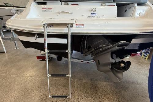 Rear view of a 2027 Regal 2000 ES boat with ladder and propeller.