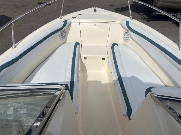 2021 Scout 210 Dorado boat interior with white and blue seating.