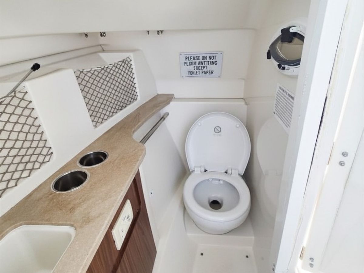 Interior of a boat cabin with a toilet, sink, and storage space.