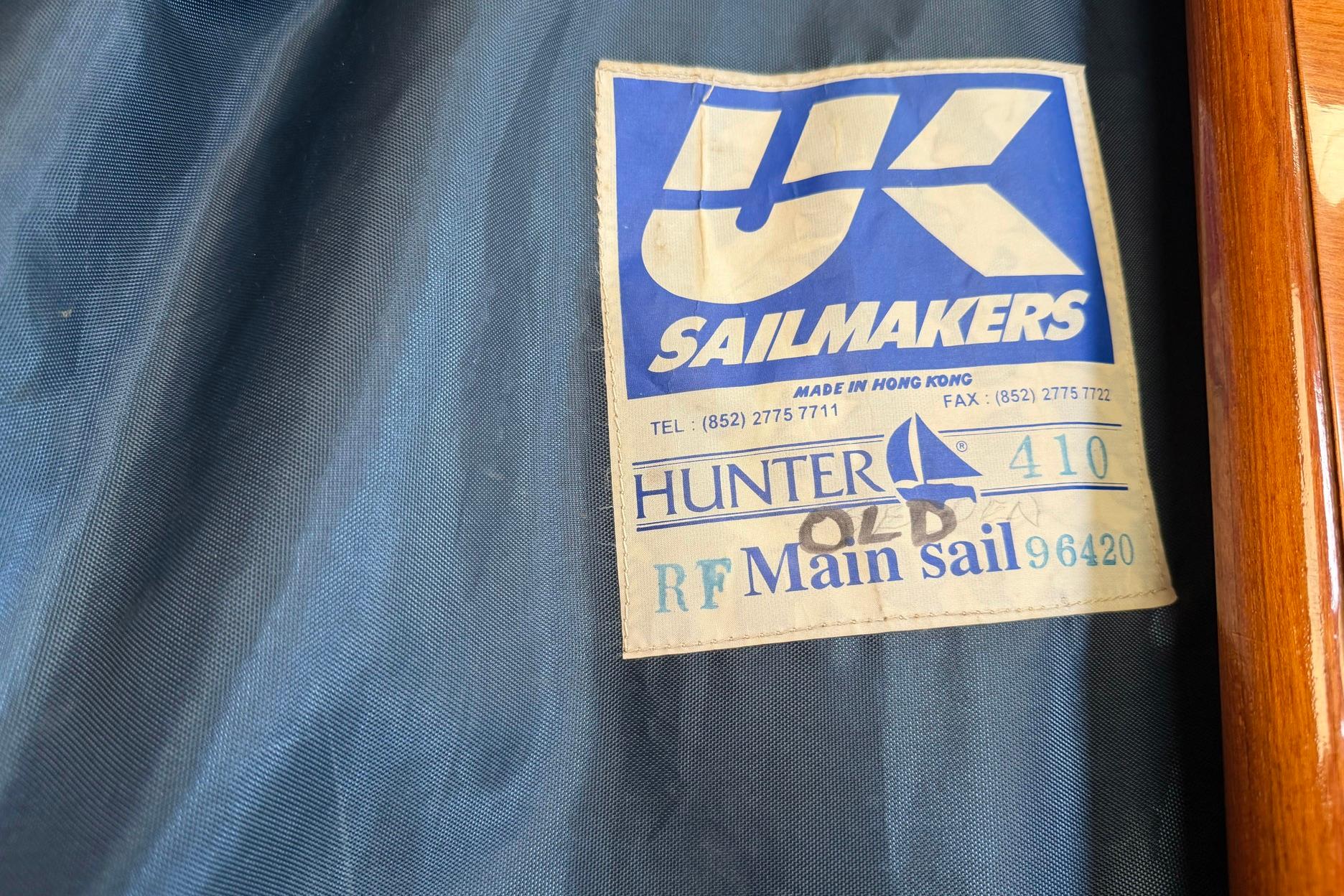 Label on Hunter 410 sail, made by UK Sailmakers, 1998, Hong Kong.