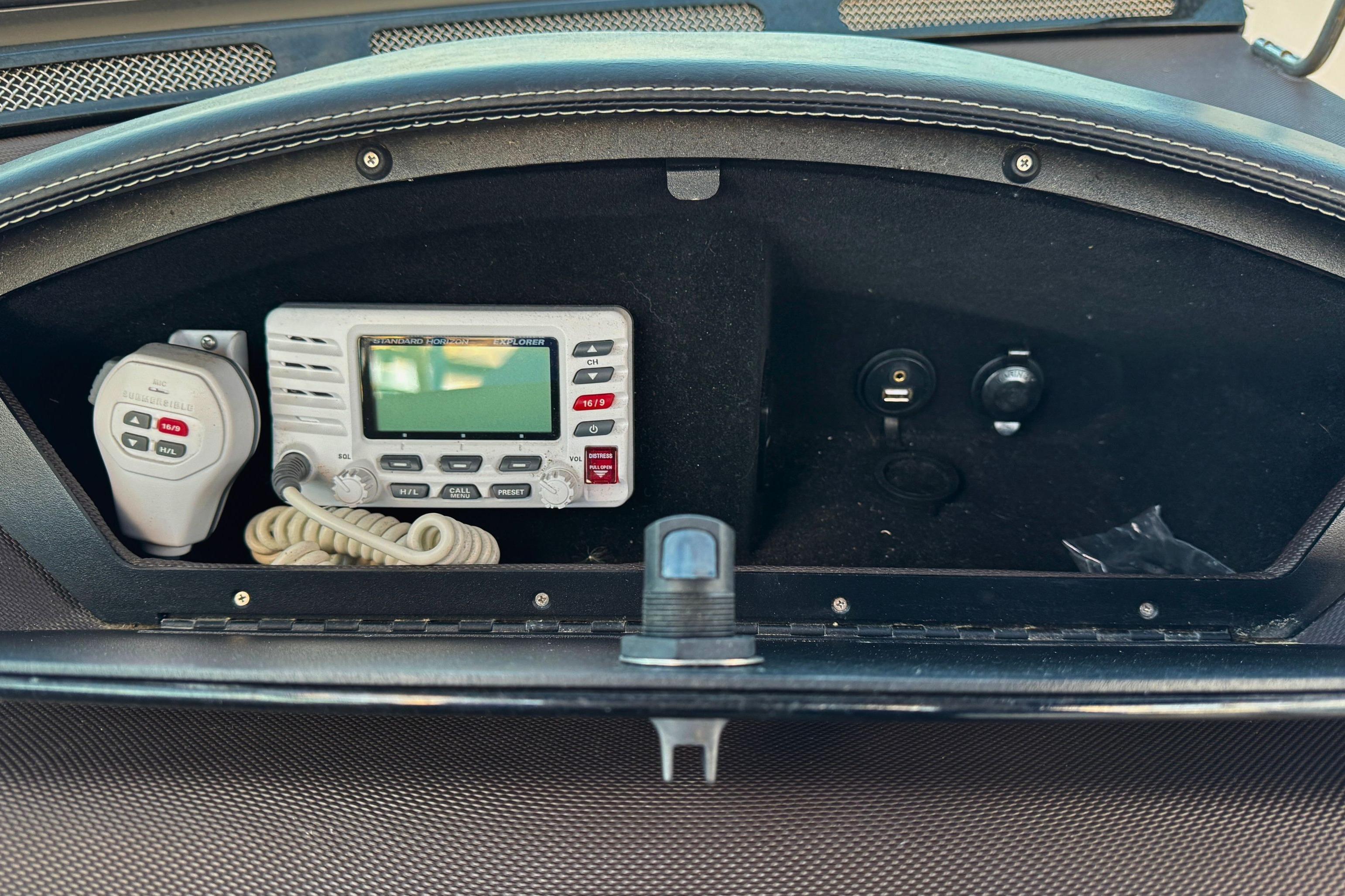 2019 Cobalt R3 boat dashboard with radio and USB ports.