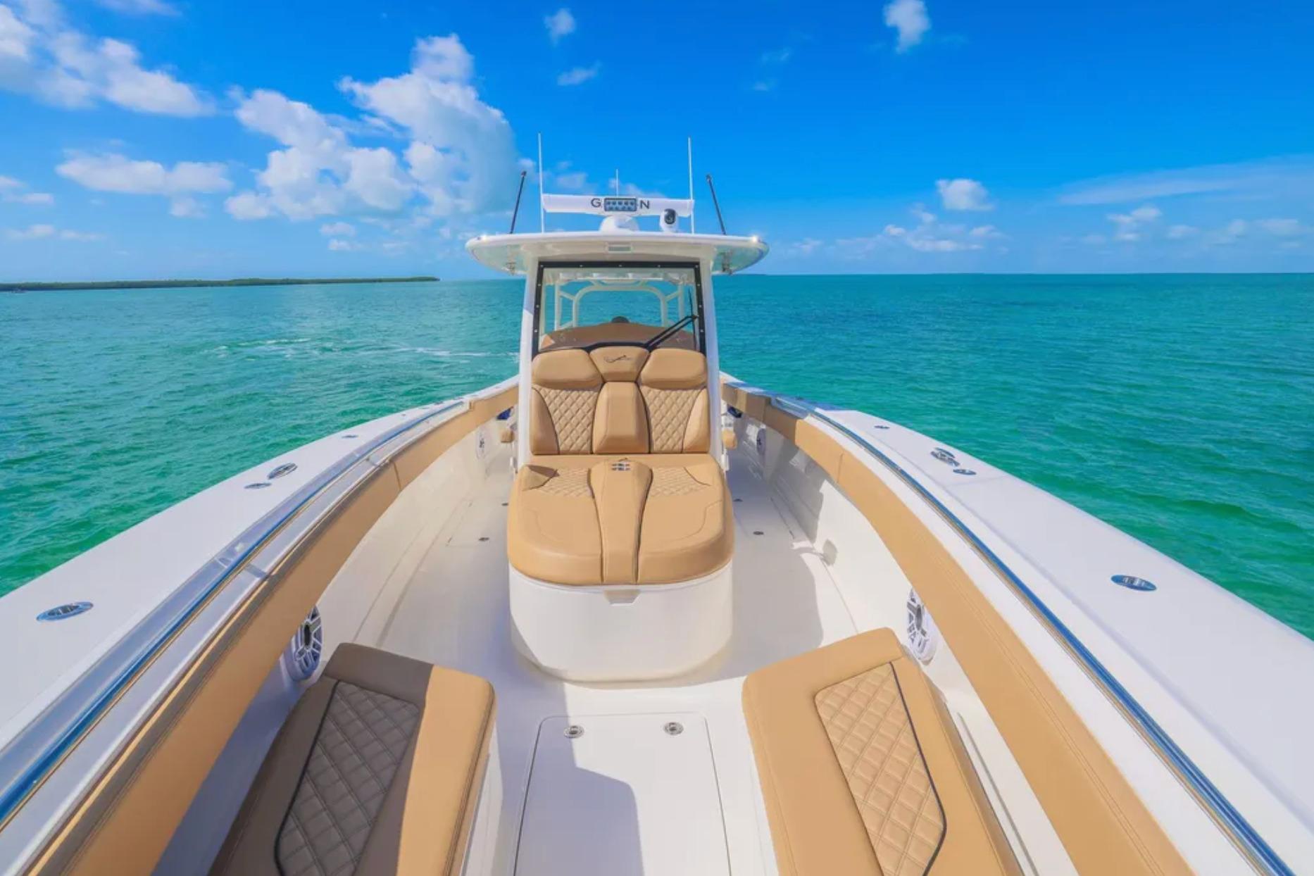 2025 Blackwater 41 Performance Fish boat on turquoise ocean under blue sky.