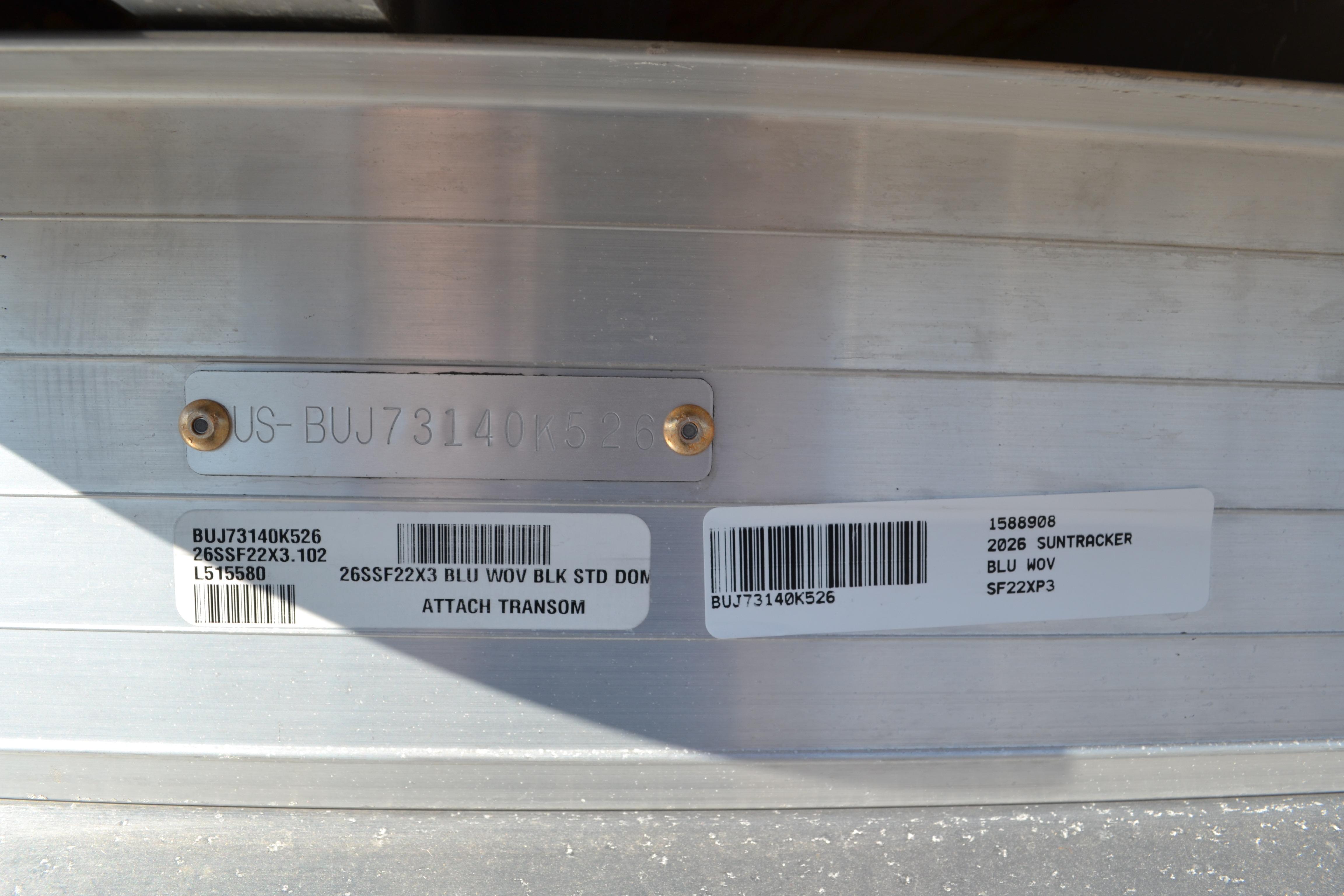2026 Sun Tracker SportFish 22 XP3 identification plate with serial numbers and model details.