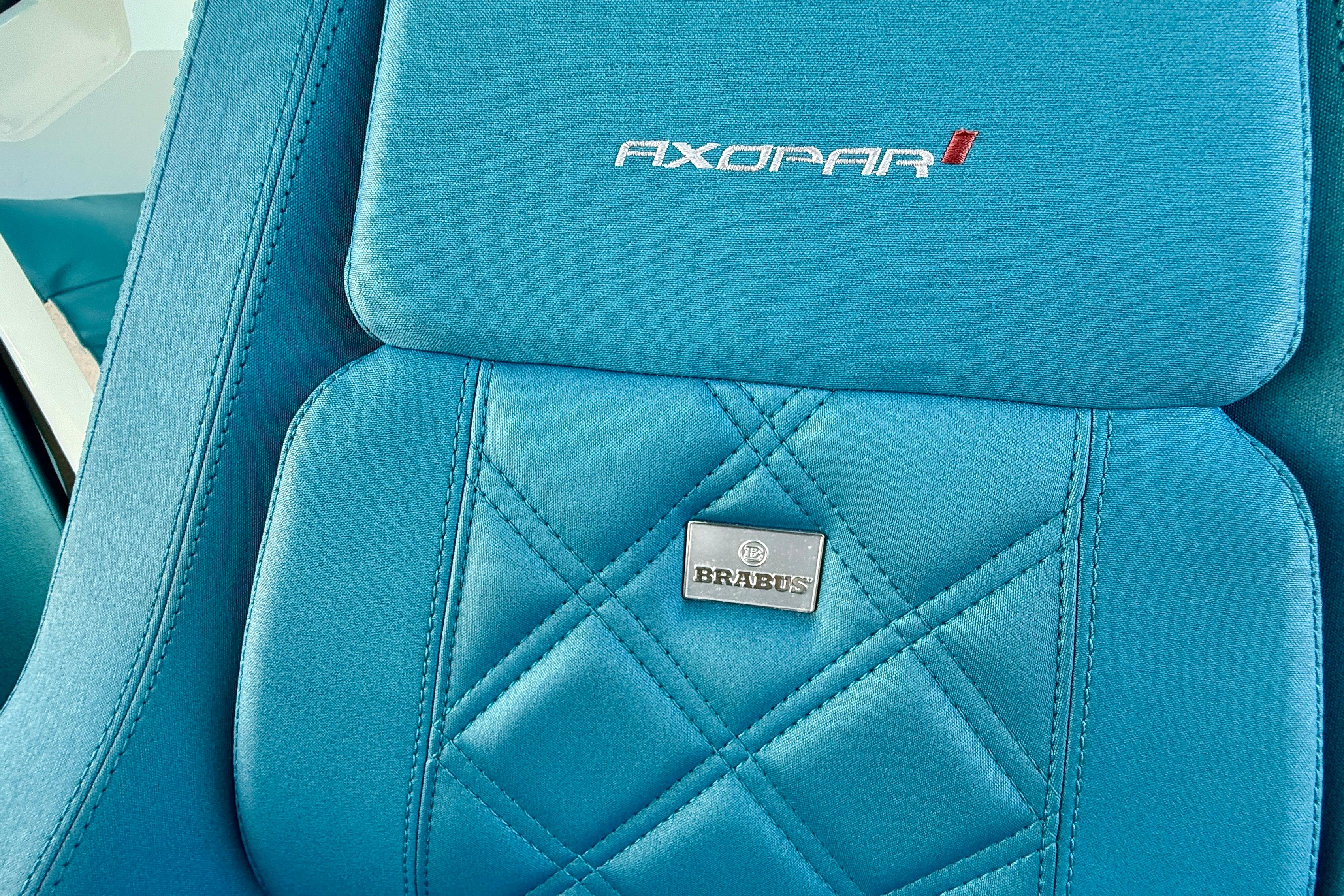 Blue seat detail of 2021 Axopar Brabus 28 Cabin with logo embroidery.