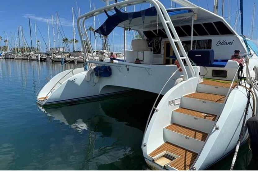 Luxury performance catamaran docked at marina, 2005 model, with wooden steps and canopy.