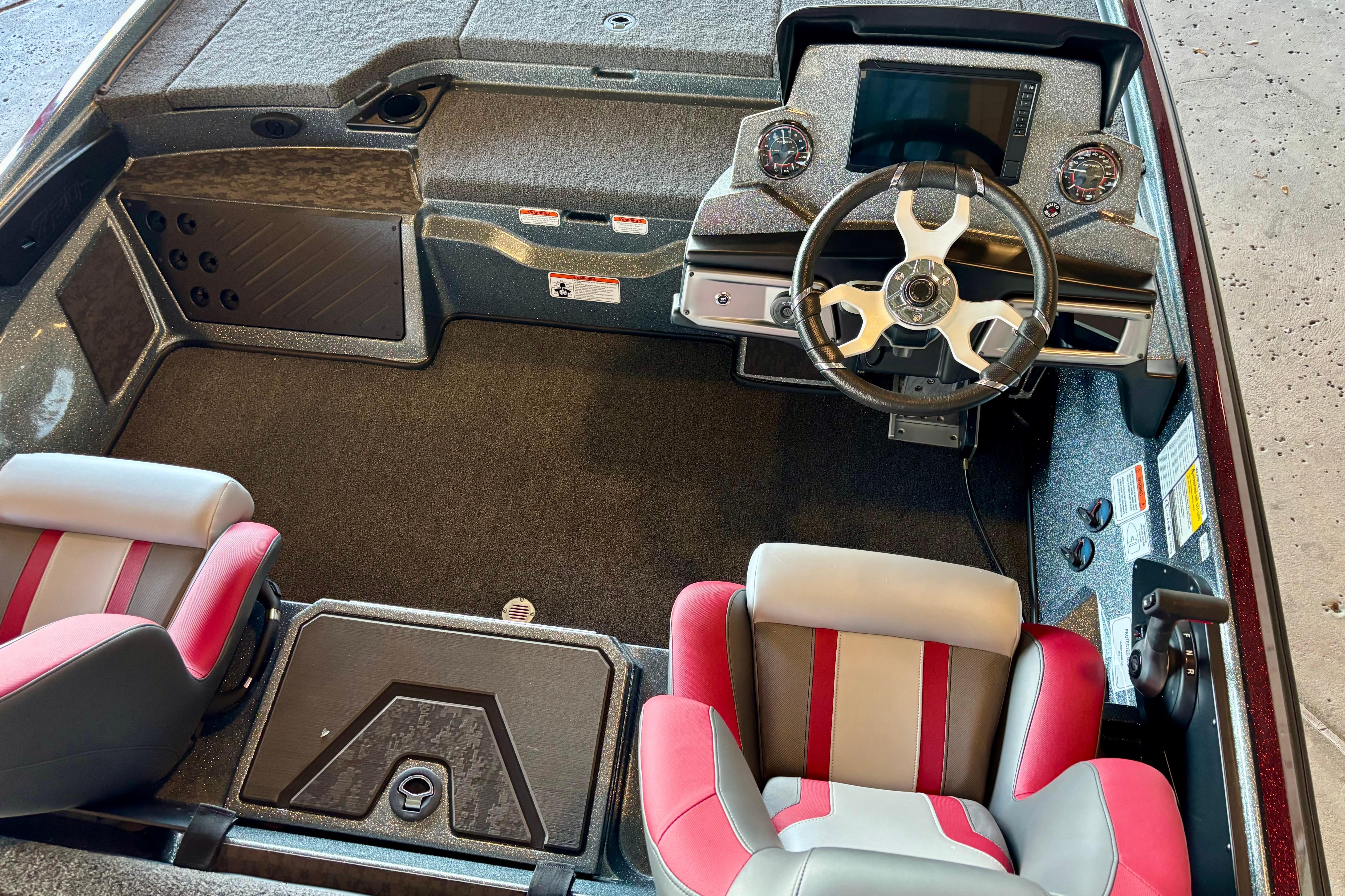 Interior of 2026 Nitro Z20 XL Pro boat with modern steering and seating.