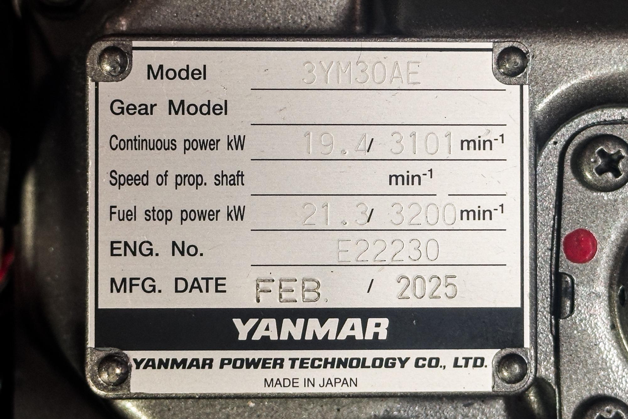 Yanmar engine plate, model 3YM30AE, manufactured February 2025, for Hunter 33, 2015.