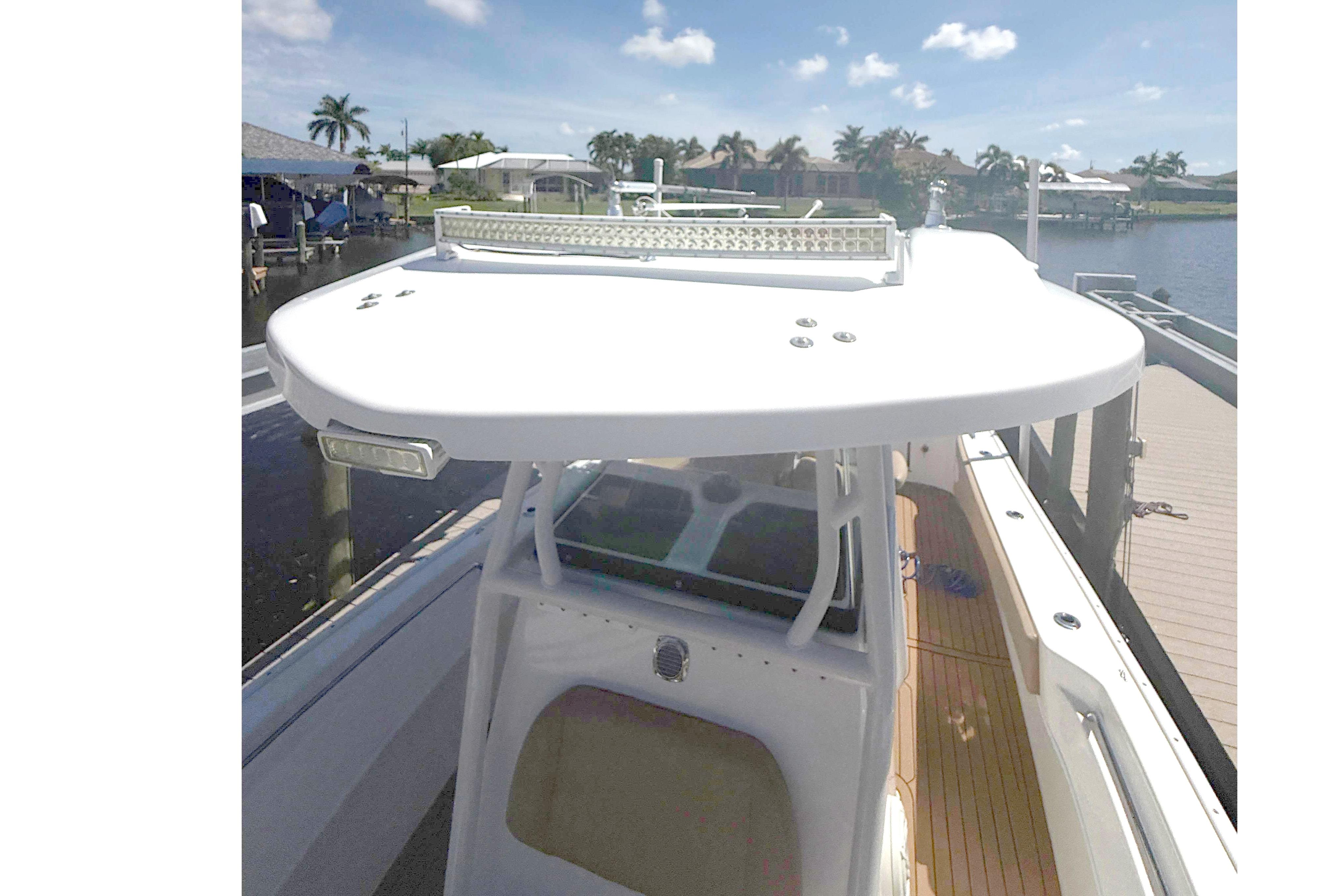 2019 Cape Horn 27XS boat top view under clear blue sky.