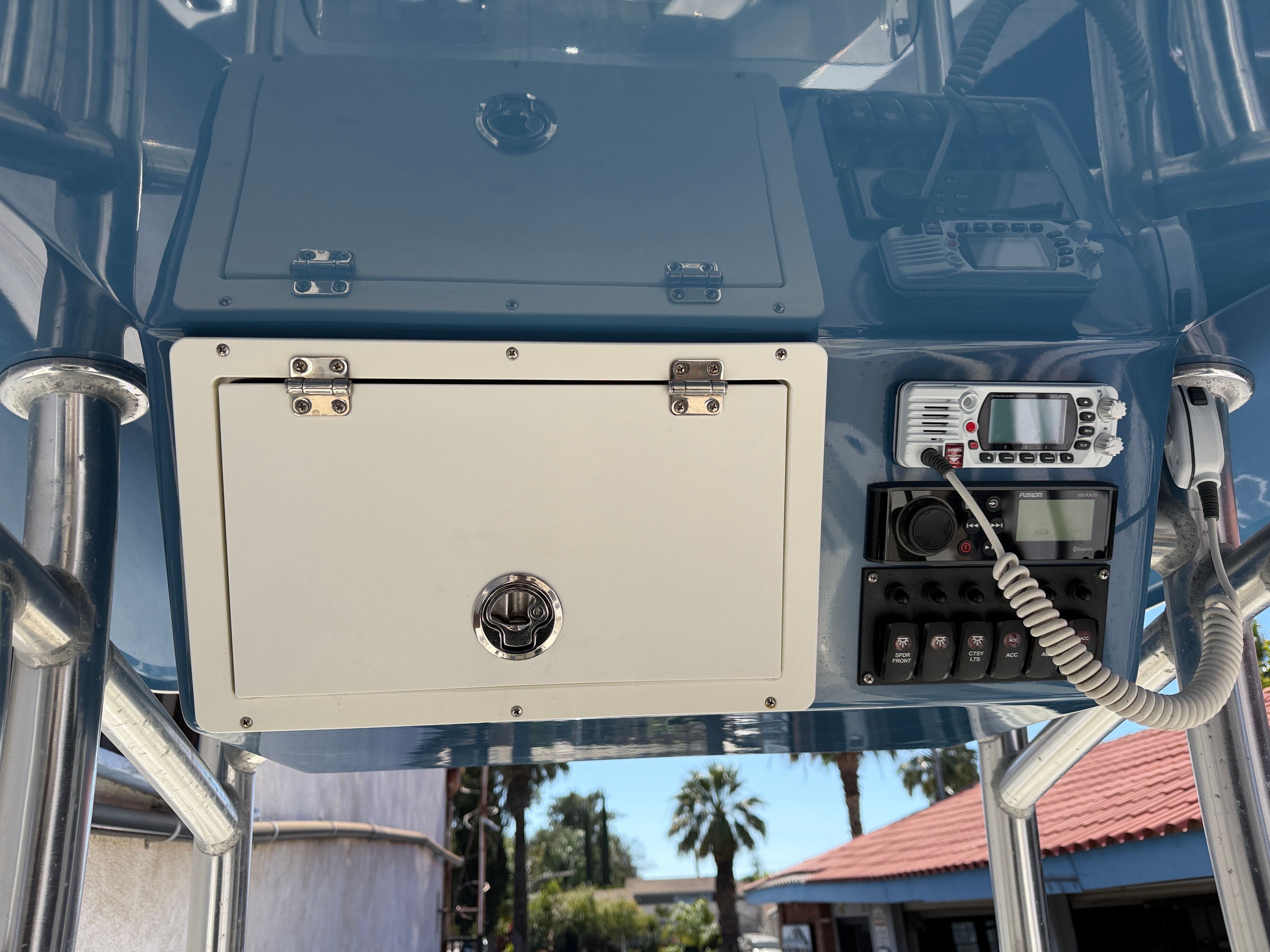 Control console of a 2021 KenCraft Challenger boat.