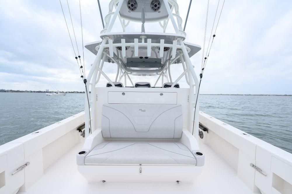 2023 SeaVee 420Z boat with sleek seating and tower on open water.