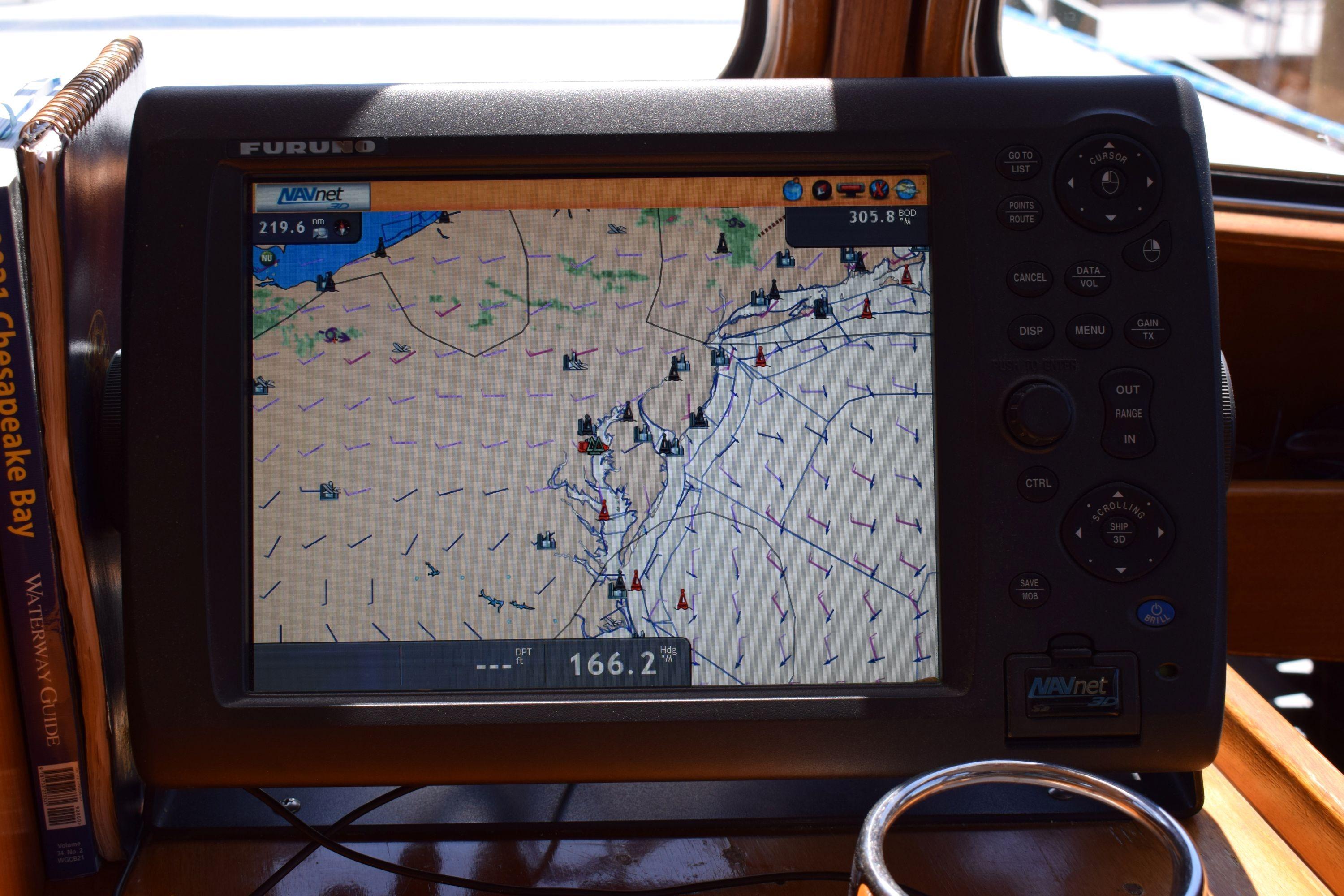 Navigation system on 1980 Cheoy Lee 52 Motorsailer displaying nautical chart.