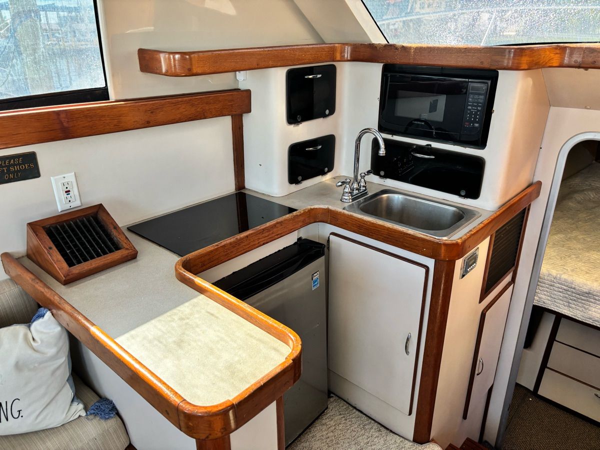 1994 Luhrs Convertible interior with kitchenette and wood trim.