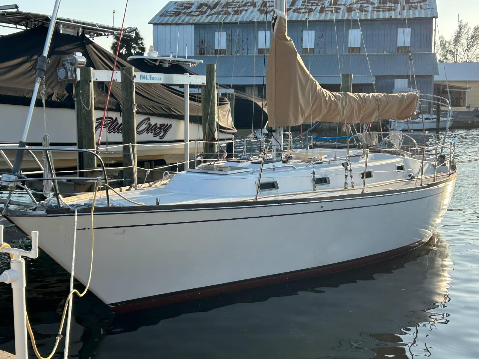 1981 Tartan 37 sloop docked at marina, covered mainsail, calm water.