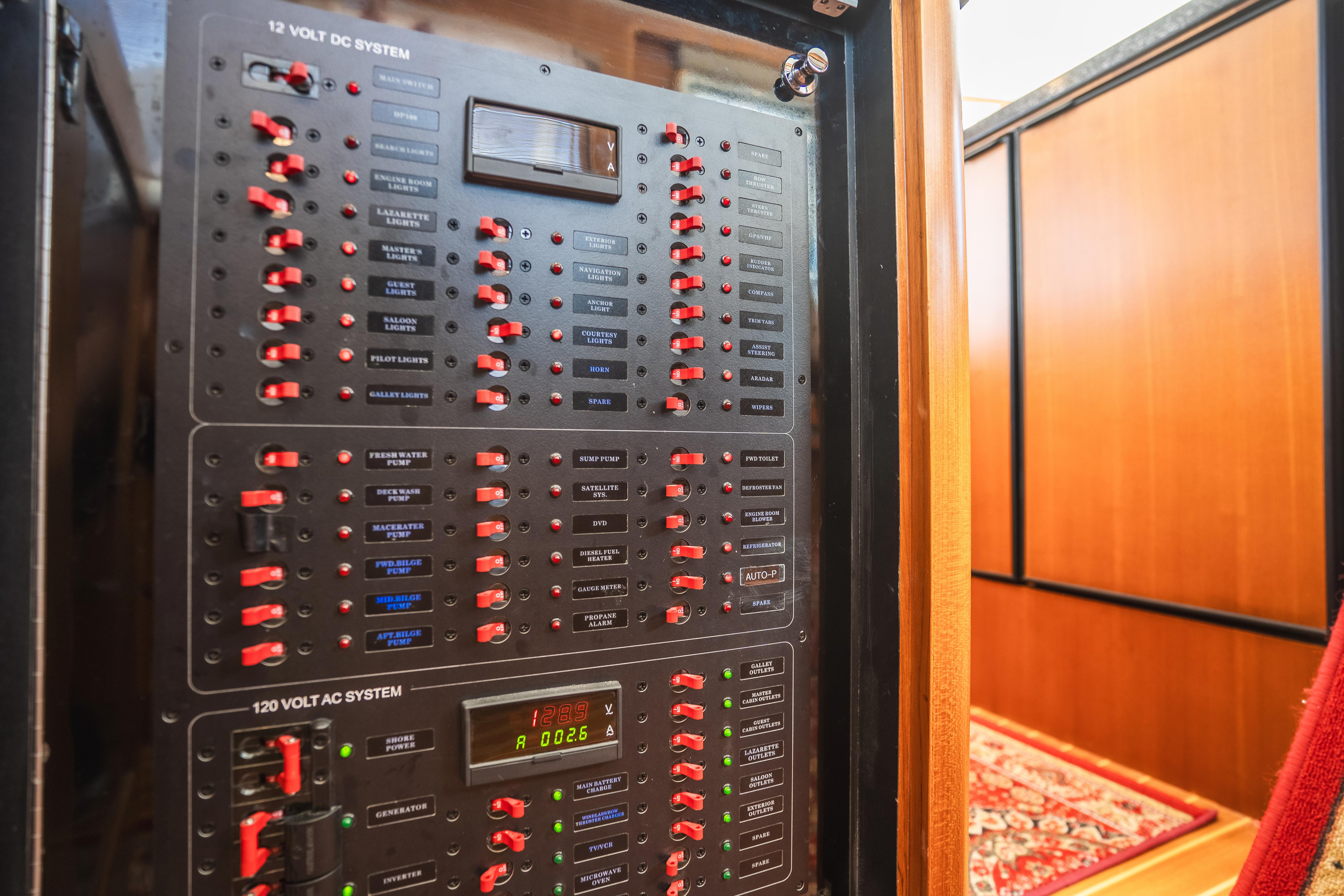 Electrical panel inside 2025 Bracewell 41 boat, featuring 12V DC and 120V AC systems.