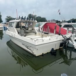 A 2001 Sport-Craft 272 boat is docked in the water, surrounded by other boats in the marina.