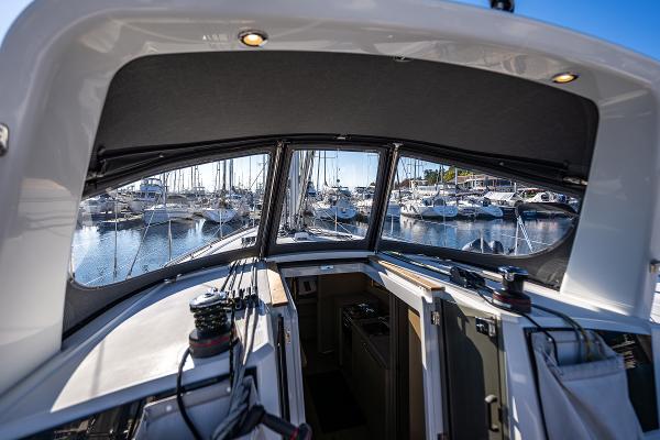 Interior view of 2021 Beneteau Oceanis 38.1 yacht in harbor.