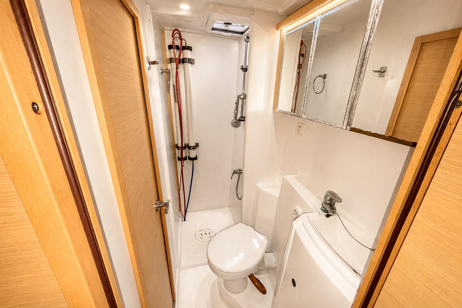 Compact bathroom in a 2010 Lagoon 421 yacht, featuring shower, toilet, and mirrored cabinet.