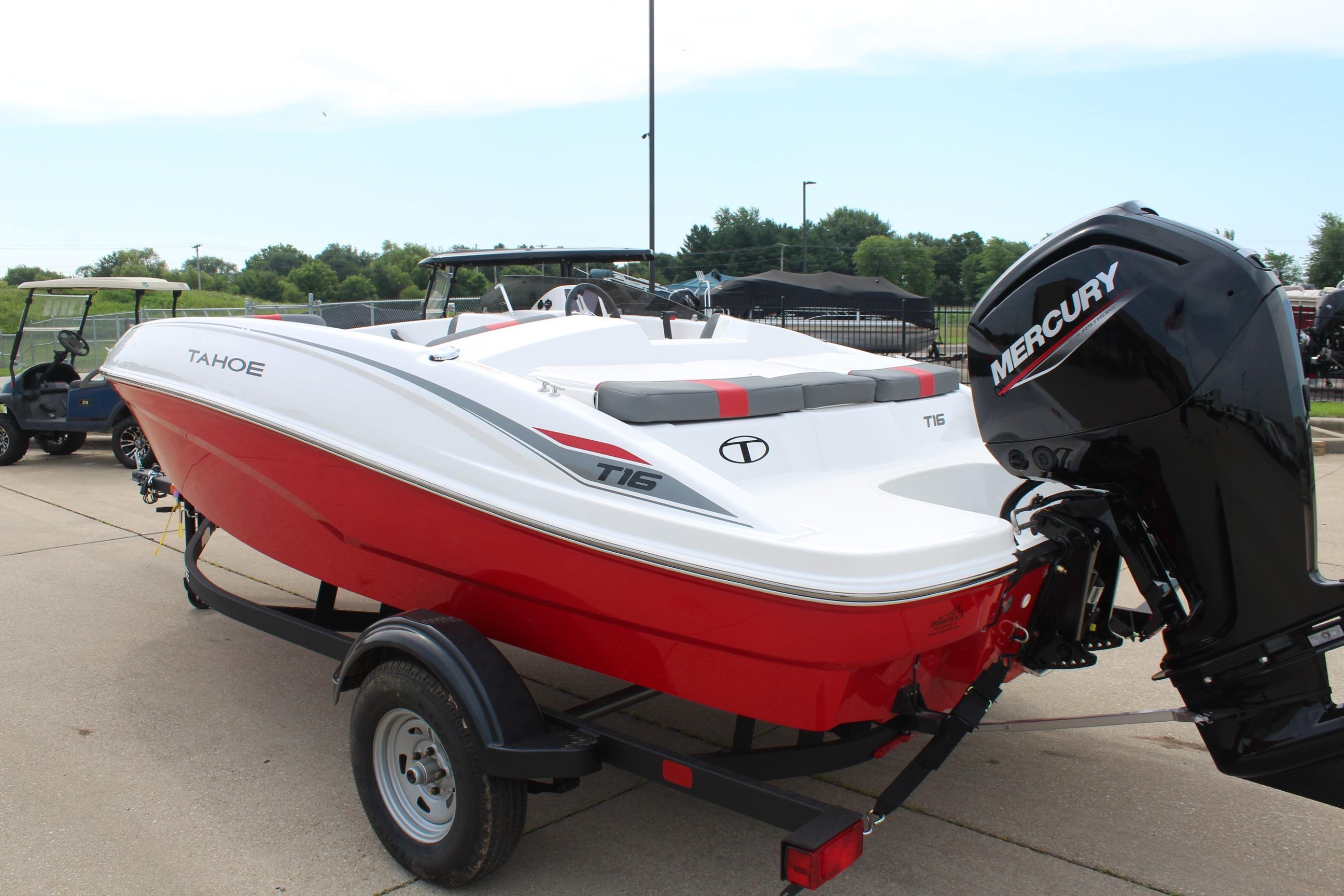 2026 Tahoe T16 boat with Mercury engine on trailer, red and white design.